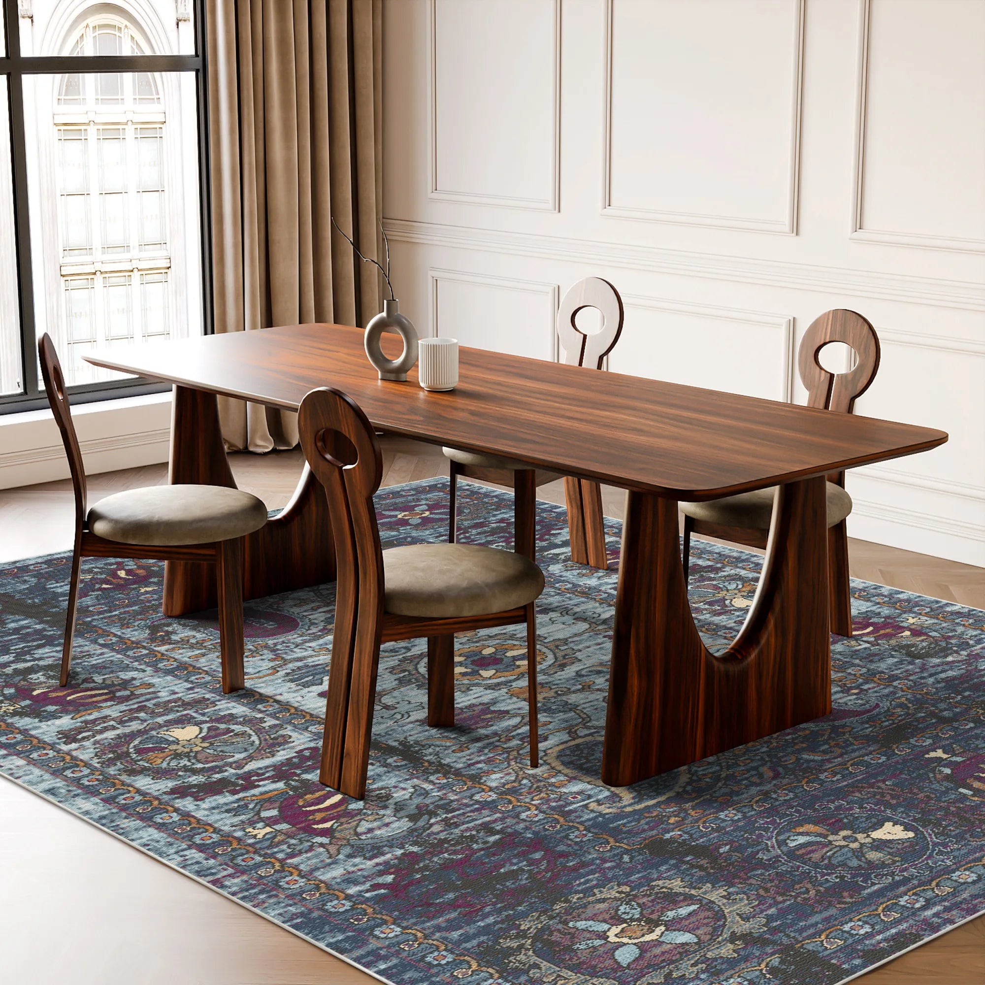 Indigo Paisley Erased Botanischer Teppich