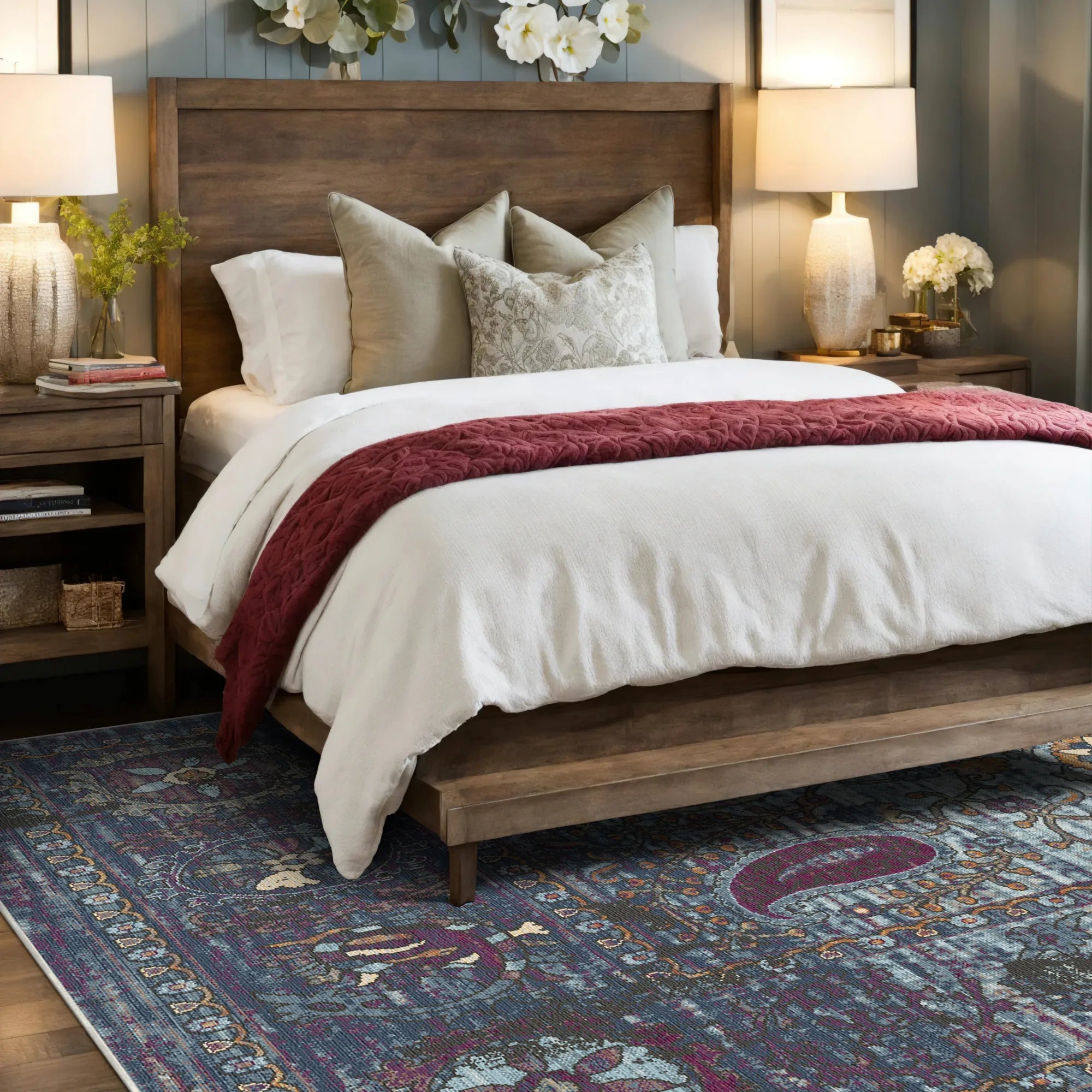 Indigo Paisley Erased Botanischer Teppich