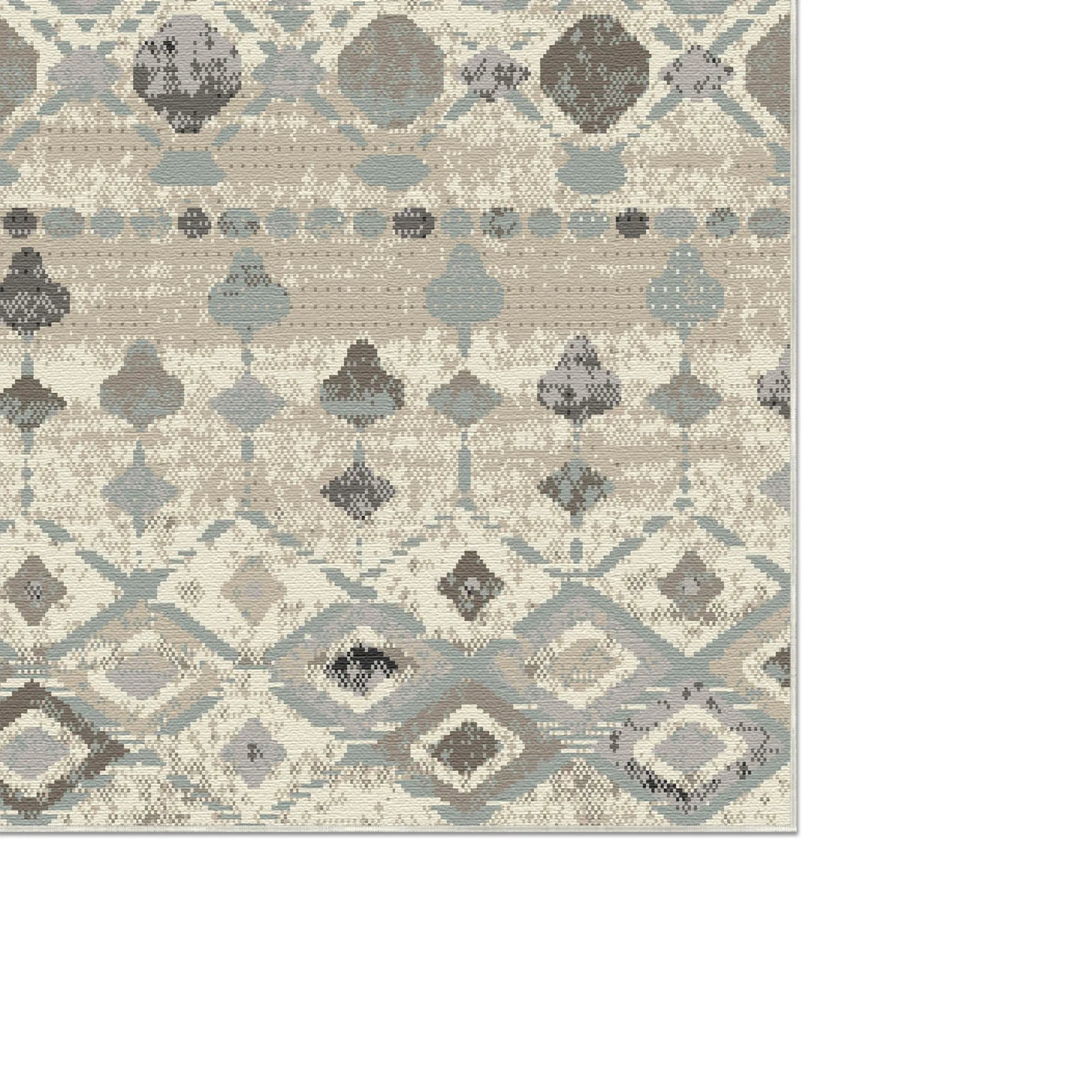 Teppich mit beigen, grauen und blauen geometrischen Tribal-Mustern, Nahaufnahme