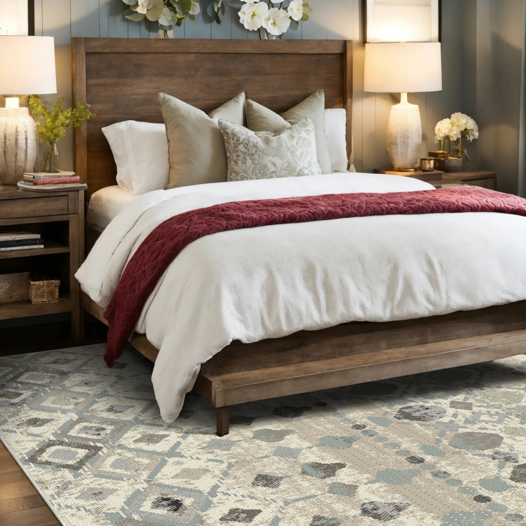 Teppich mit blau-grauem und beigem geometrischem Tribal-Muster unter einem Holzbett im Schlafzimmer