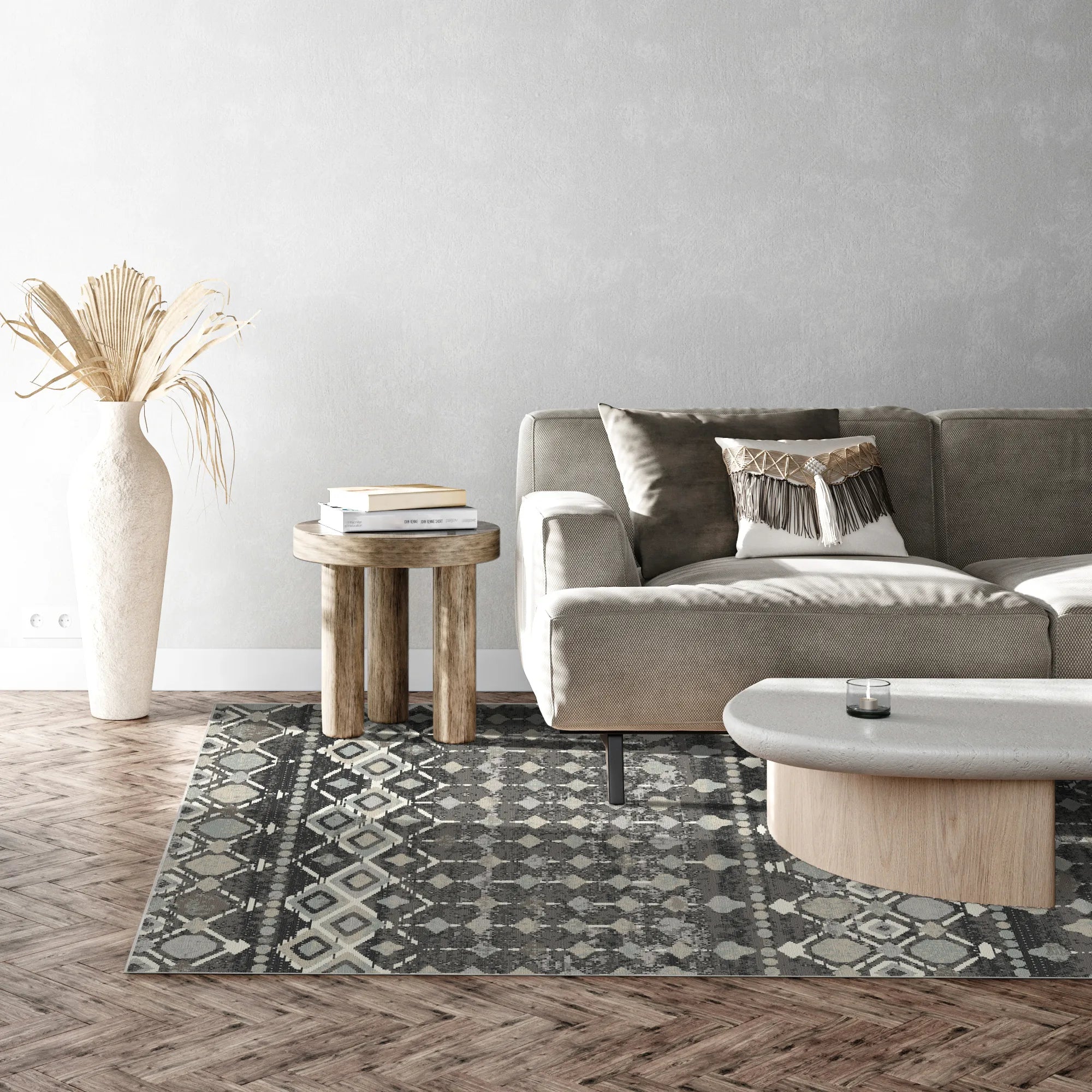 Sonora Charcoal Tribal Geometric Waschbarer Teppich