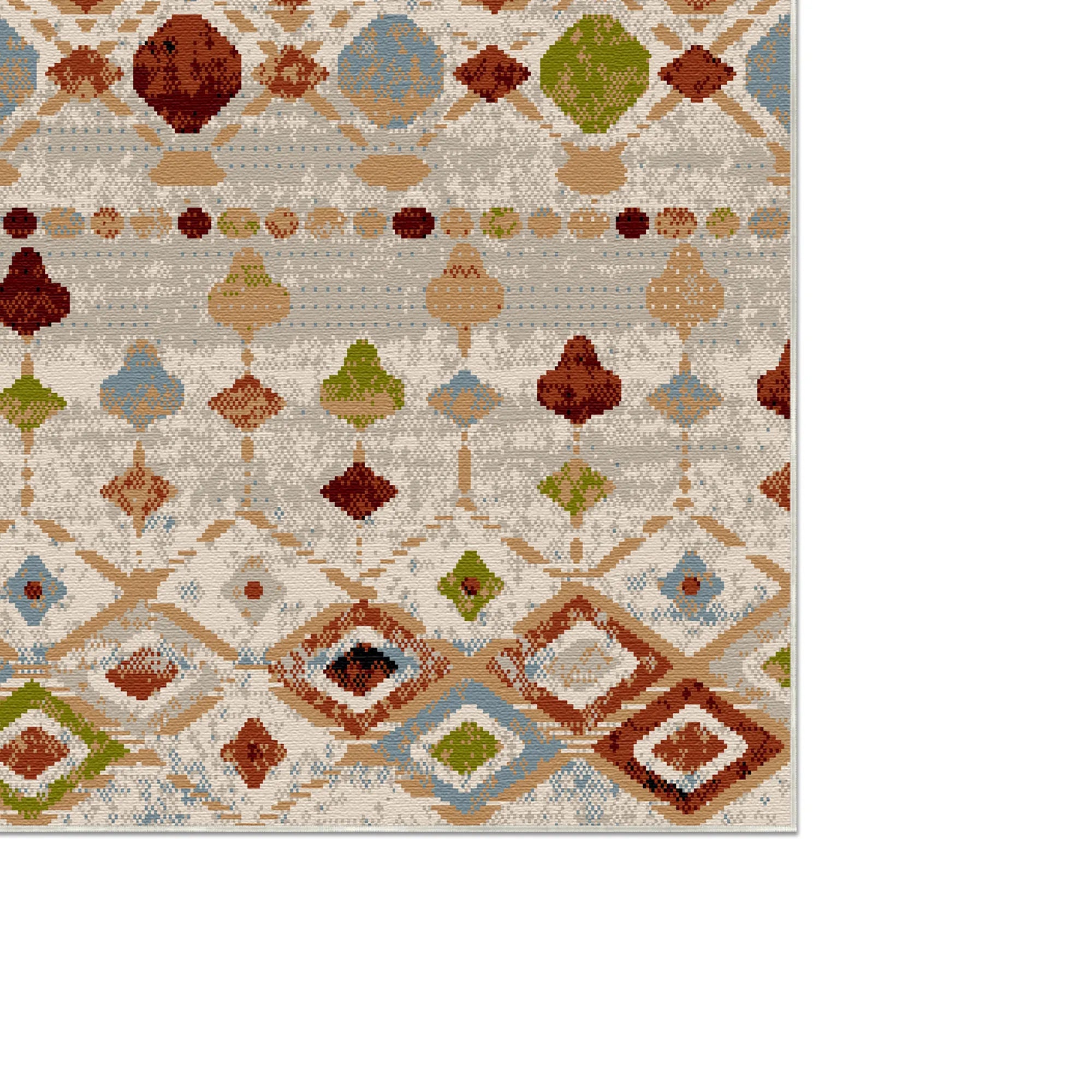 Teppich mit mehrfarbigen, tribal-geometrischen Mustern in Beige-, Rost-, Grün- und Blautönen