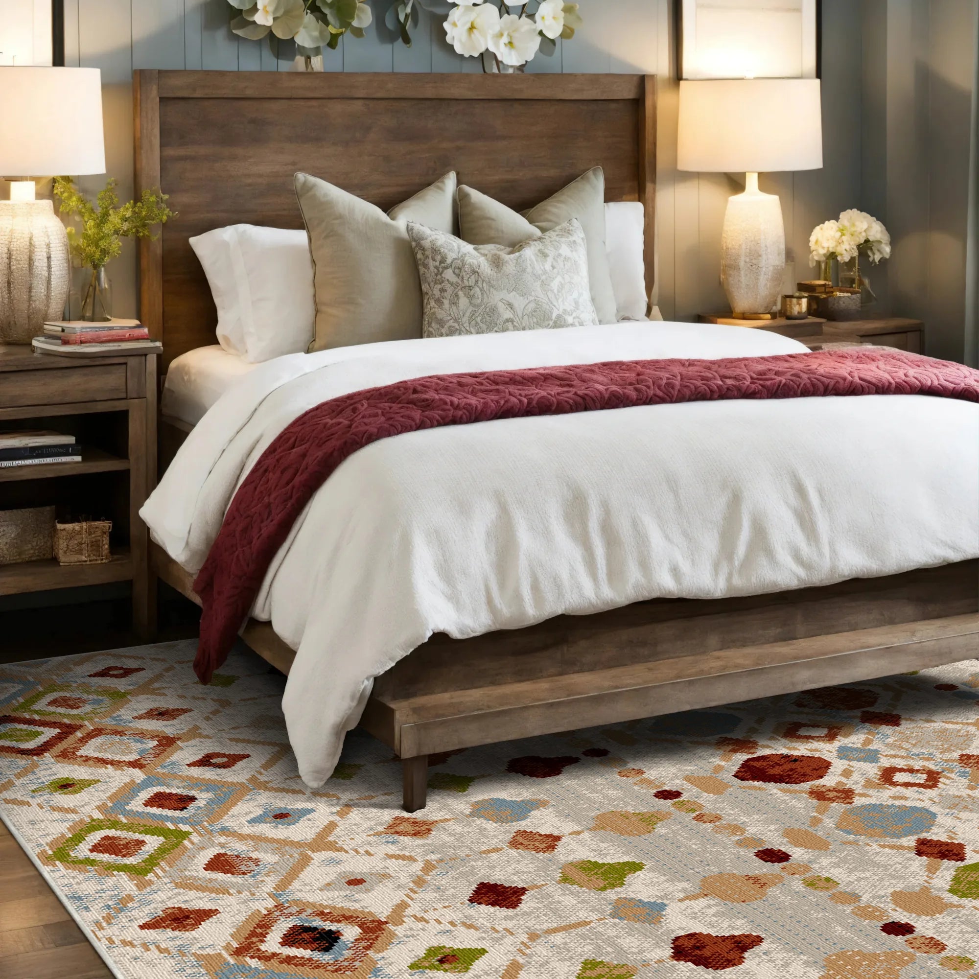 Teppich mit mehrfarbigem, tribal-geometrischem Muster unter einem Holzbett im Schlafzimmer