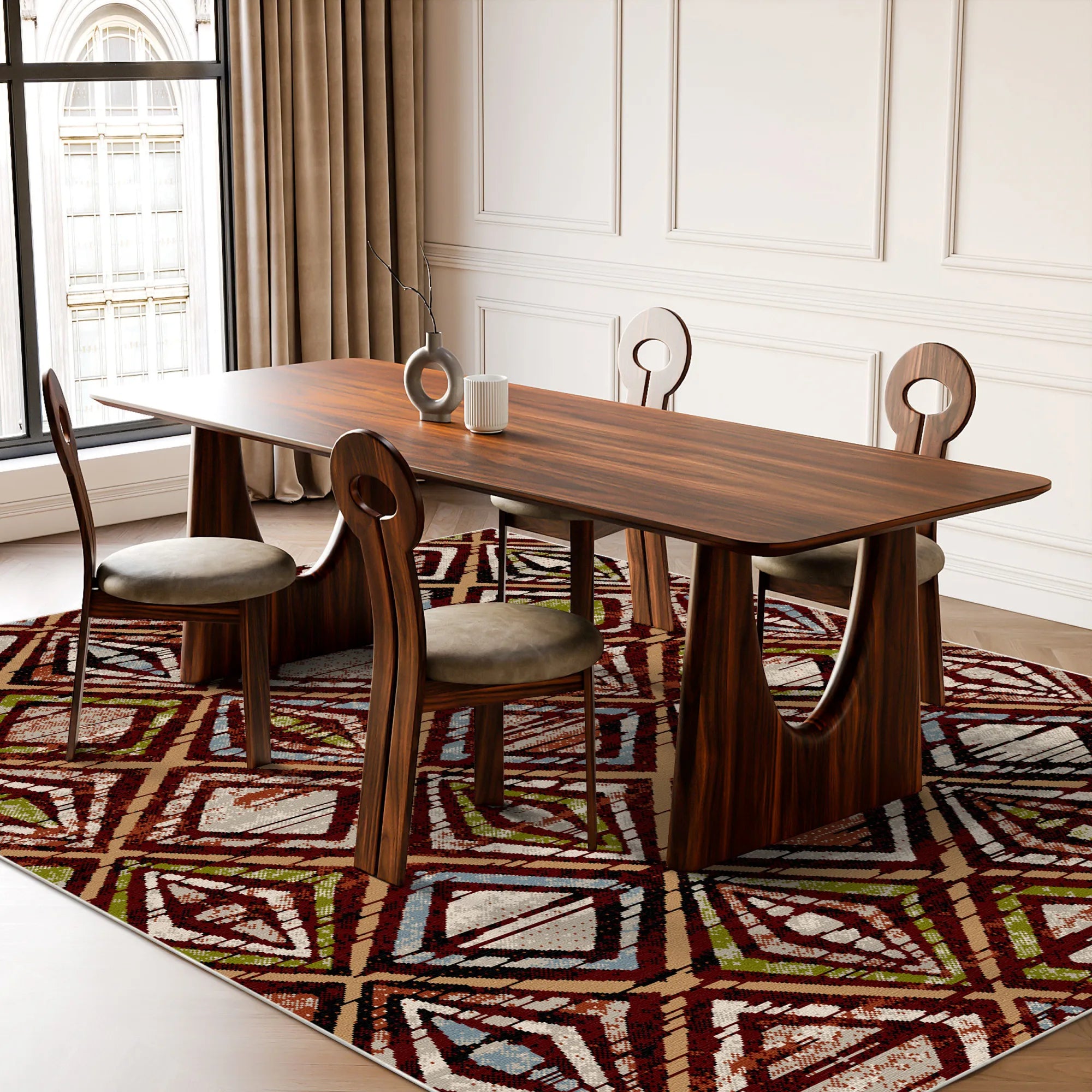 Zion Mahagoni Geometrischer Waschbarer Teppich