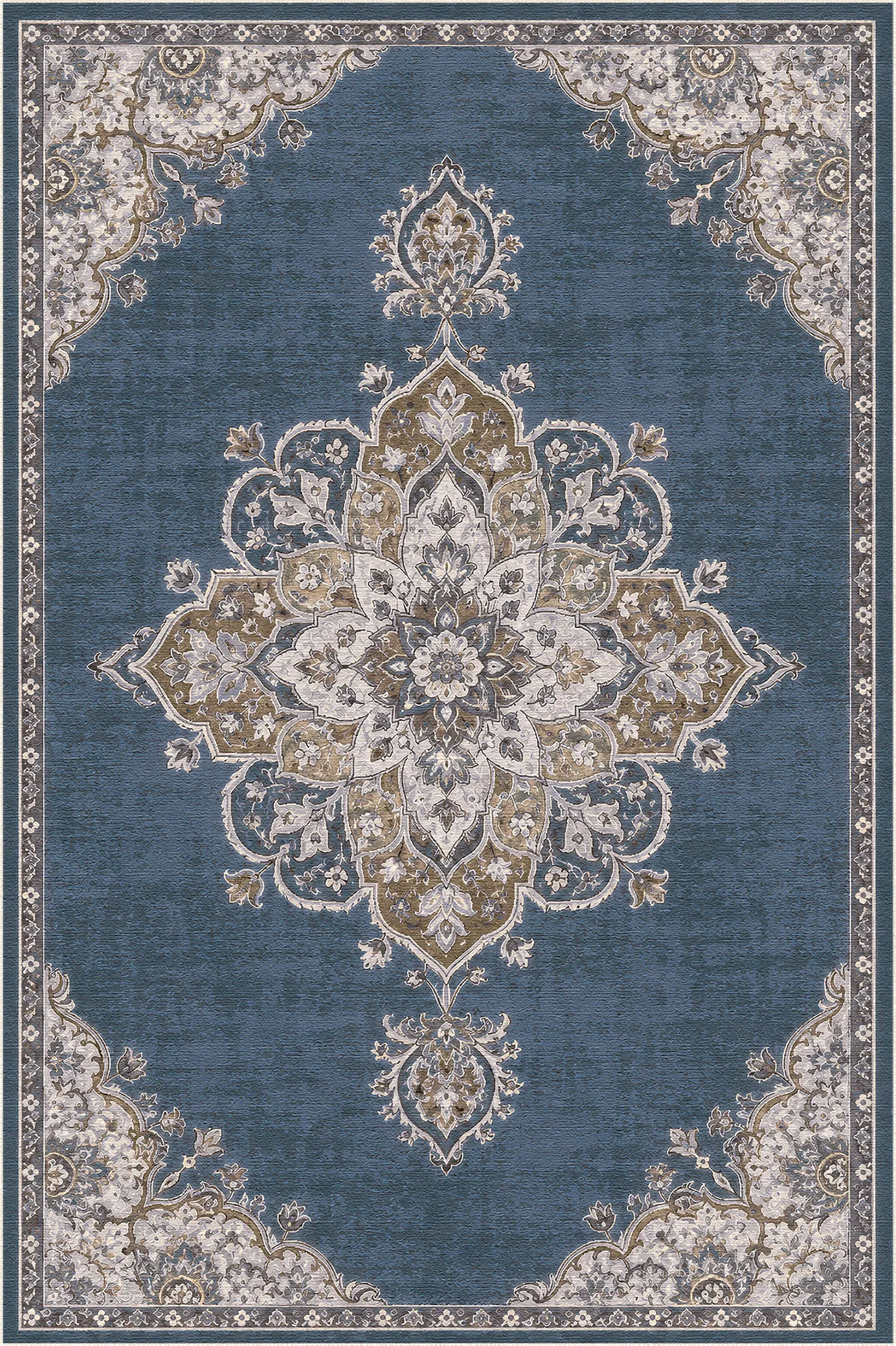 Teppich mit schieferblauem Hintergrund und filigranem floralen Medaillonmuster in Beige- und Rosttönen