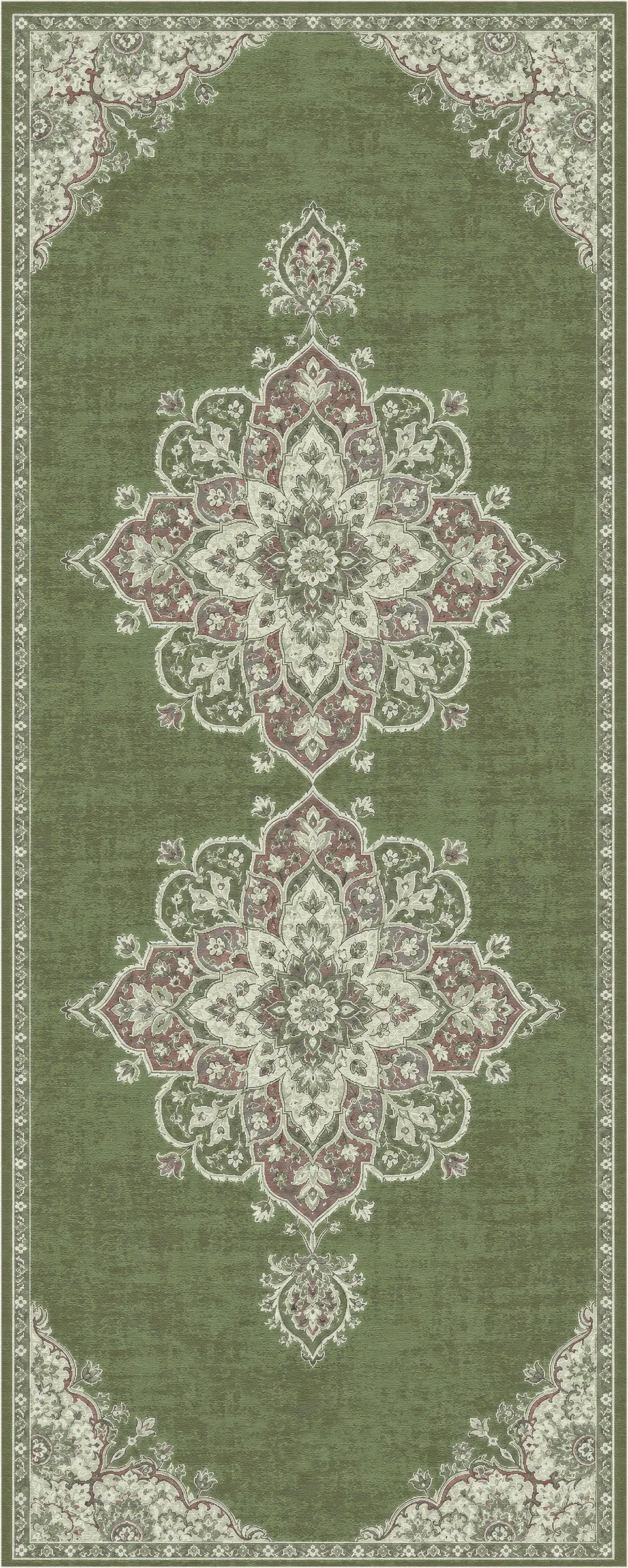 Ein Teppich mit traditionellem orientalischem Design, einer salbeigrünen Fläche mit zwei großen zentralen Medaillons in Altrosa und Creme sowie einer passenden cremefarbenen Bordüre.