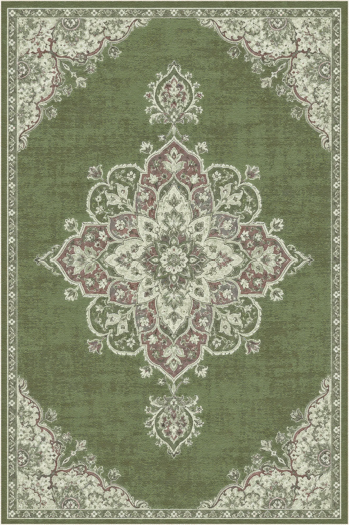 Teppich mit salbeigrünem Hintergrund und filigranem floralen Medaillonmuster in Creme und gedämpften Farben