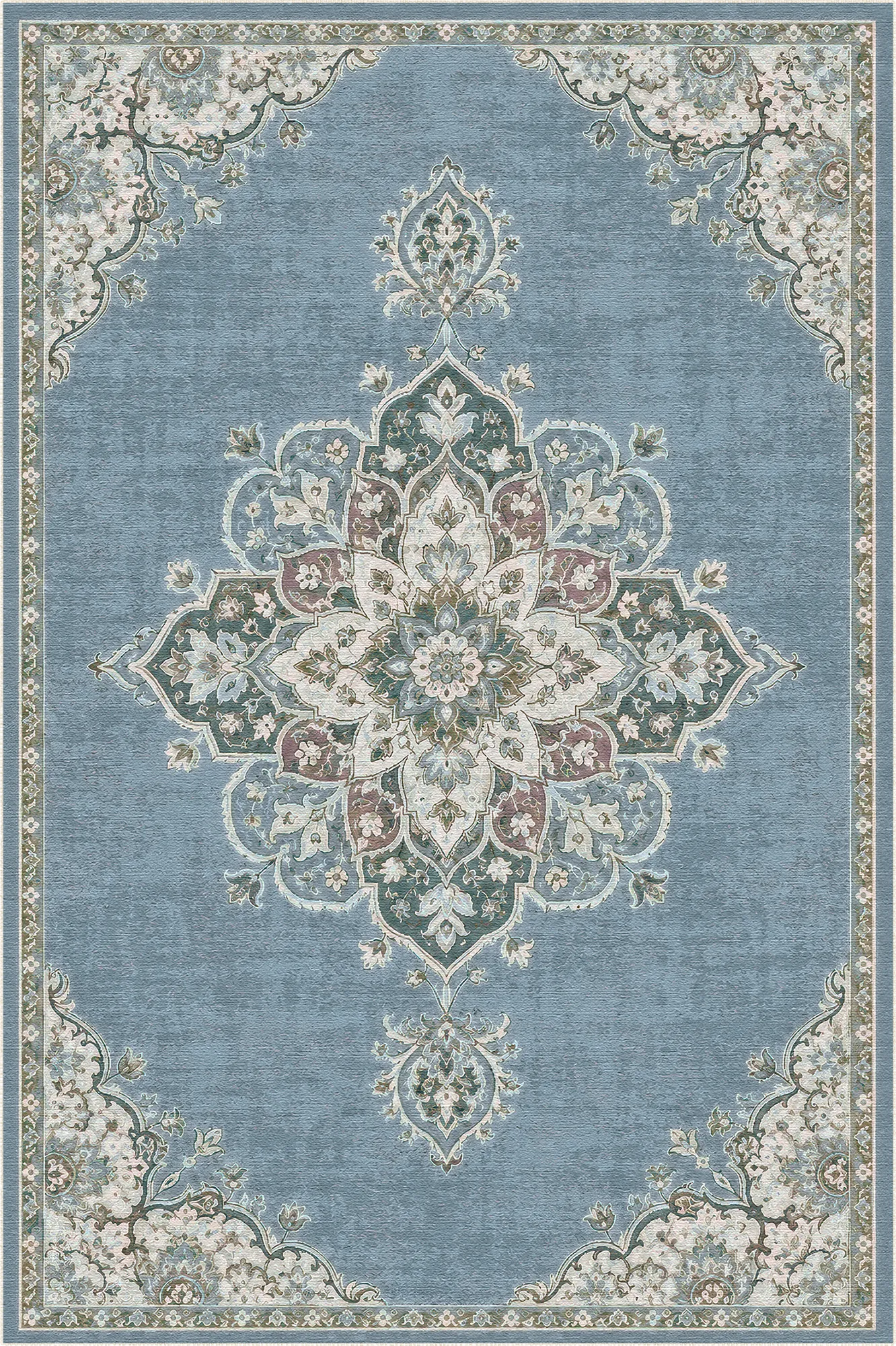 Blauer Teppich mit großem Blumenmedaillon und filigranem Randmuster