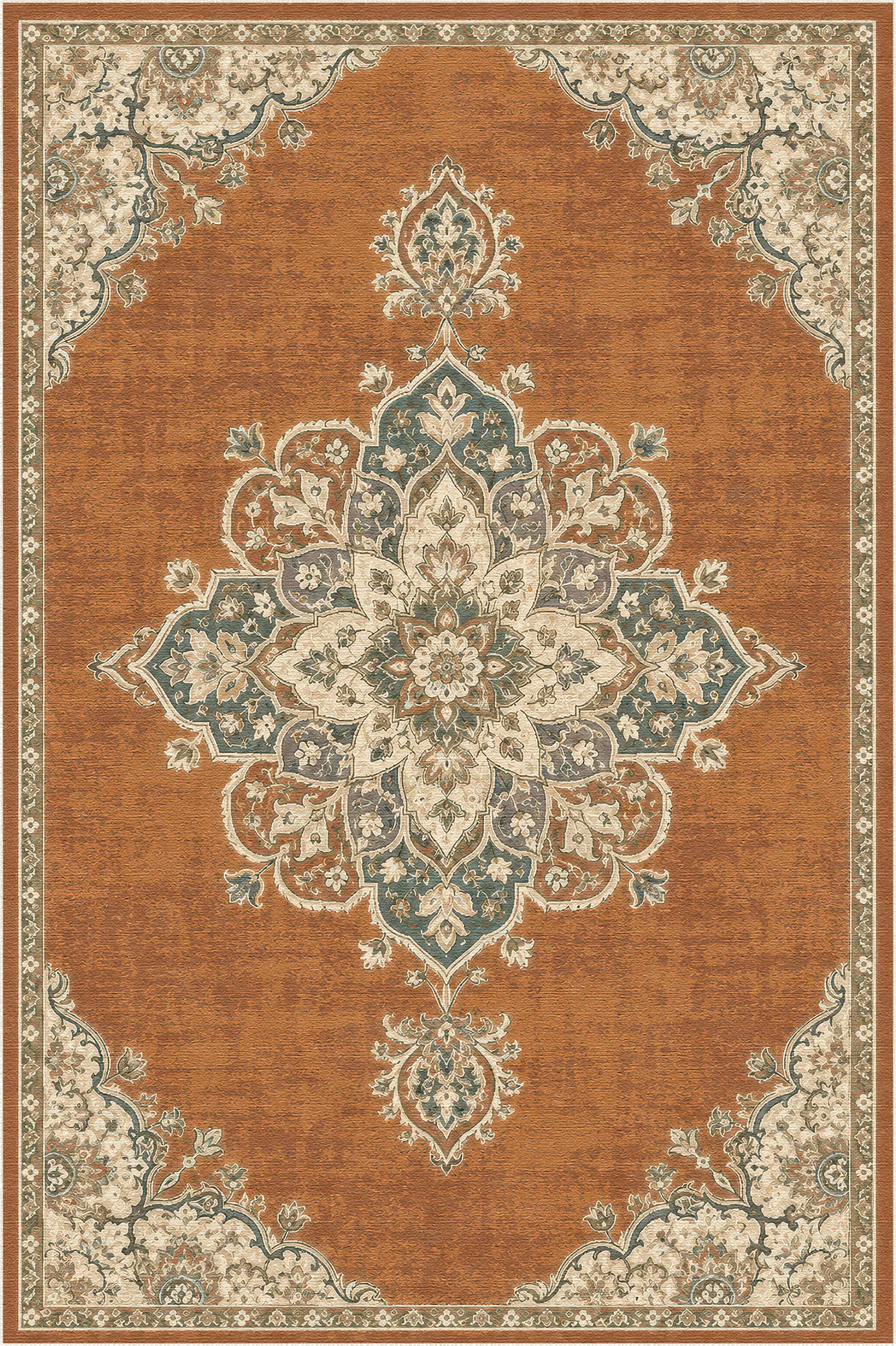 Teppich mit terrakottafarbenem Hintergrund und filigranem floralen Medaillonmuster in Beige, Blau und Grün