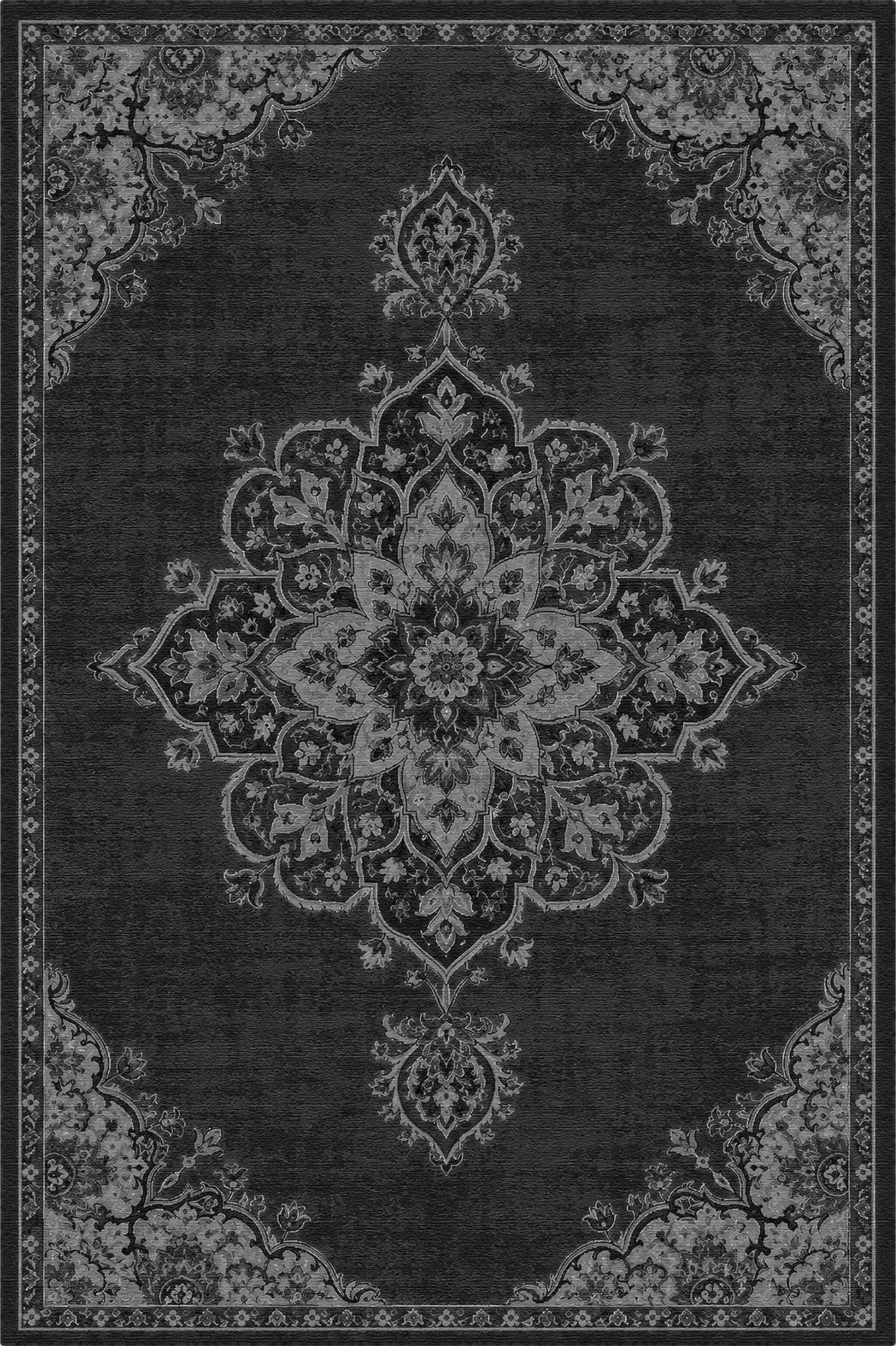 Schwarzer Teppich mit dunklem floralen Medaillon- und Randmuster