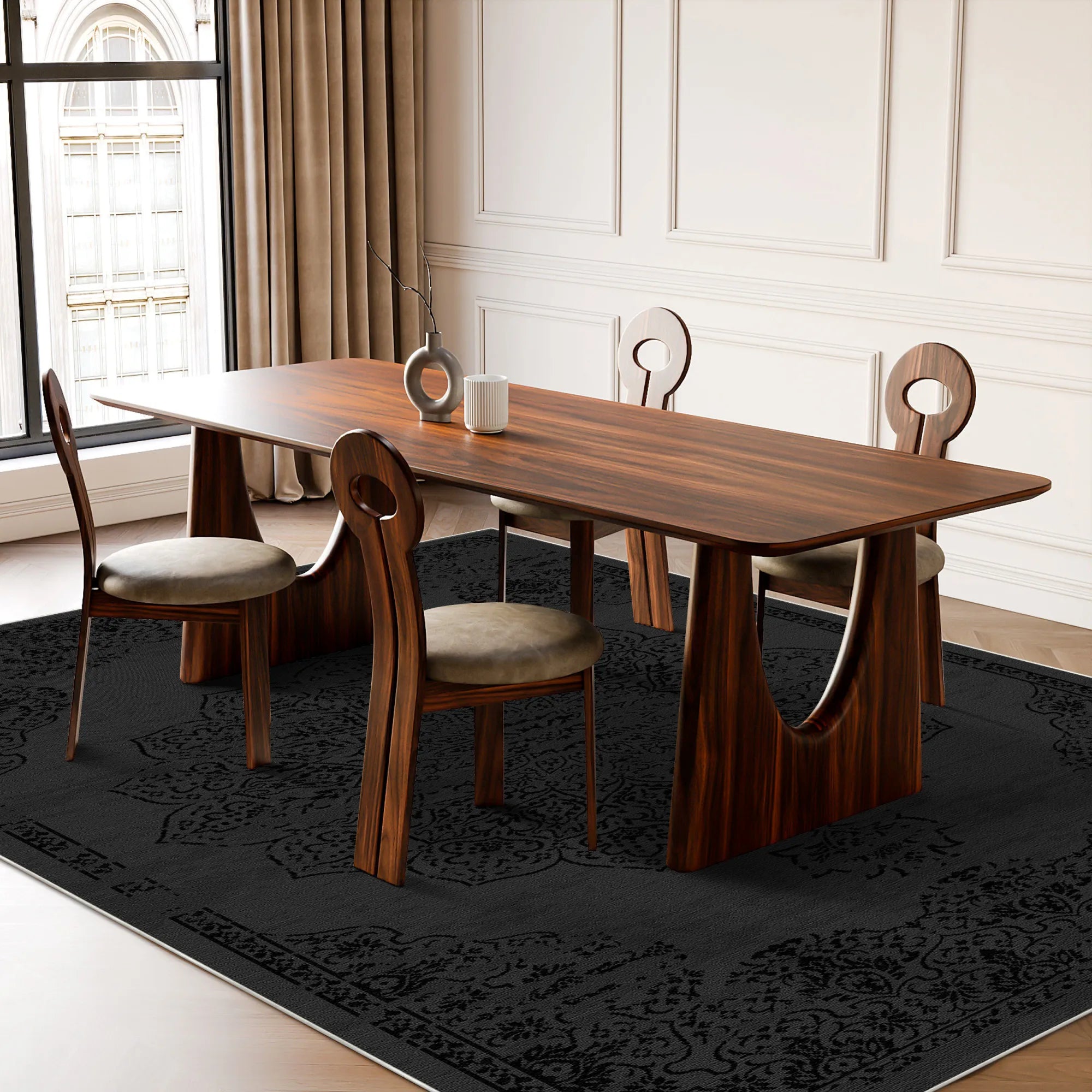 Toledo Schwarzer Traditioneller Waschbarer Teppich