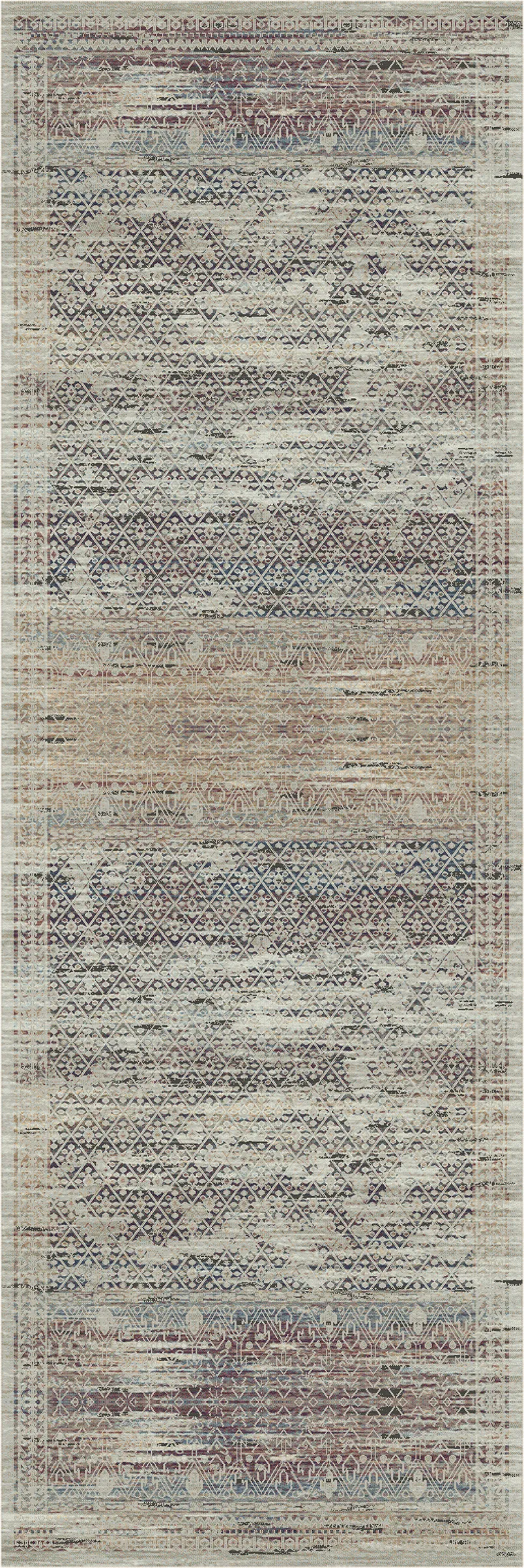 Ein rechteckiger Teppich mit einem Used-Look-Muster im Vintage-Stil in gedeckten Beige-, Grau-, Blau- und Brauntönen.