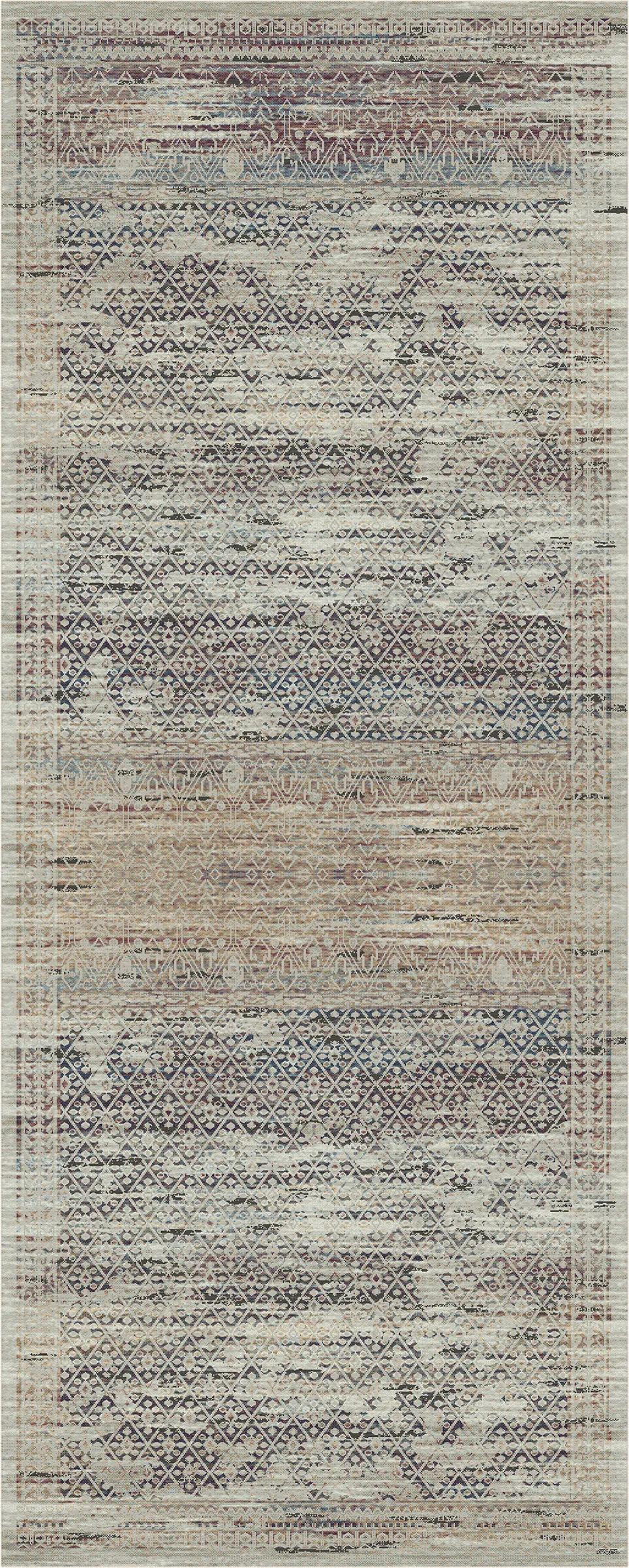 Ein rechteckiger Teppich mit einem abstrakten Used-Muster in gedämpften Beige-, Grau-, Blau- und Brauntönen.