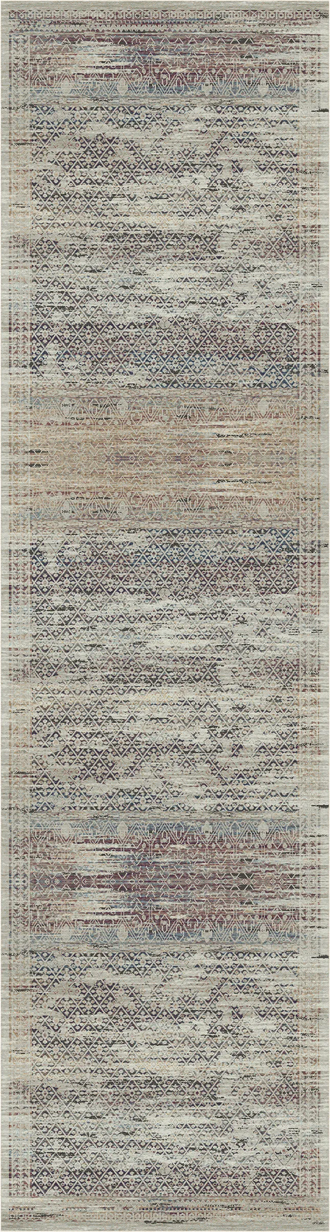 Ein rechteckiger Teppich mit einem Used-Look-Muster und strukturierter Oberfläche in gedeckten Beige-, Grau-, Blau- und Brauntönen.