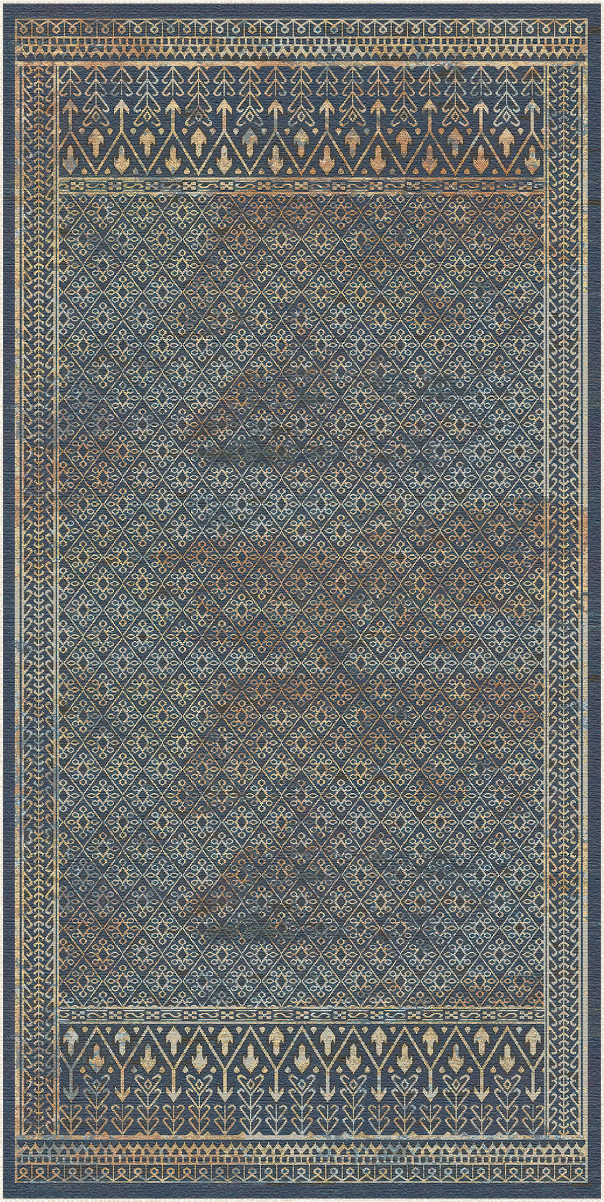 Ein rechteckiger Teppich mit einem traditionellen Used-Look-Muster in Schieferblau, Marineblau und Beige, mit einem zentralen Feld und kunstvollen geometrischen Bordüren.