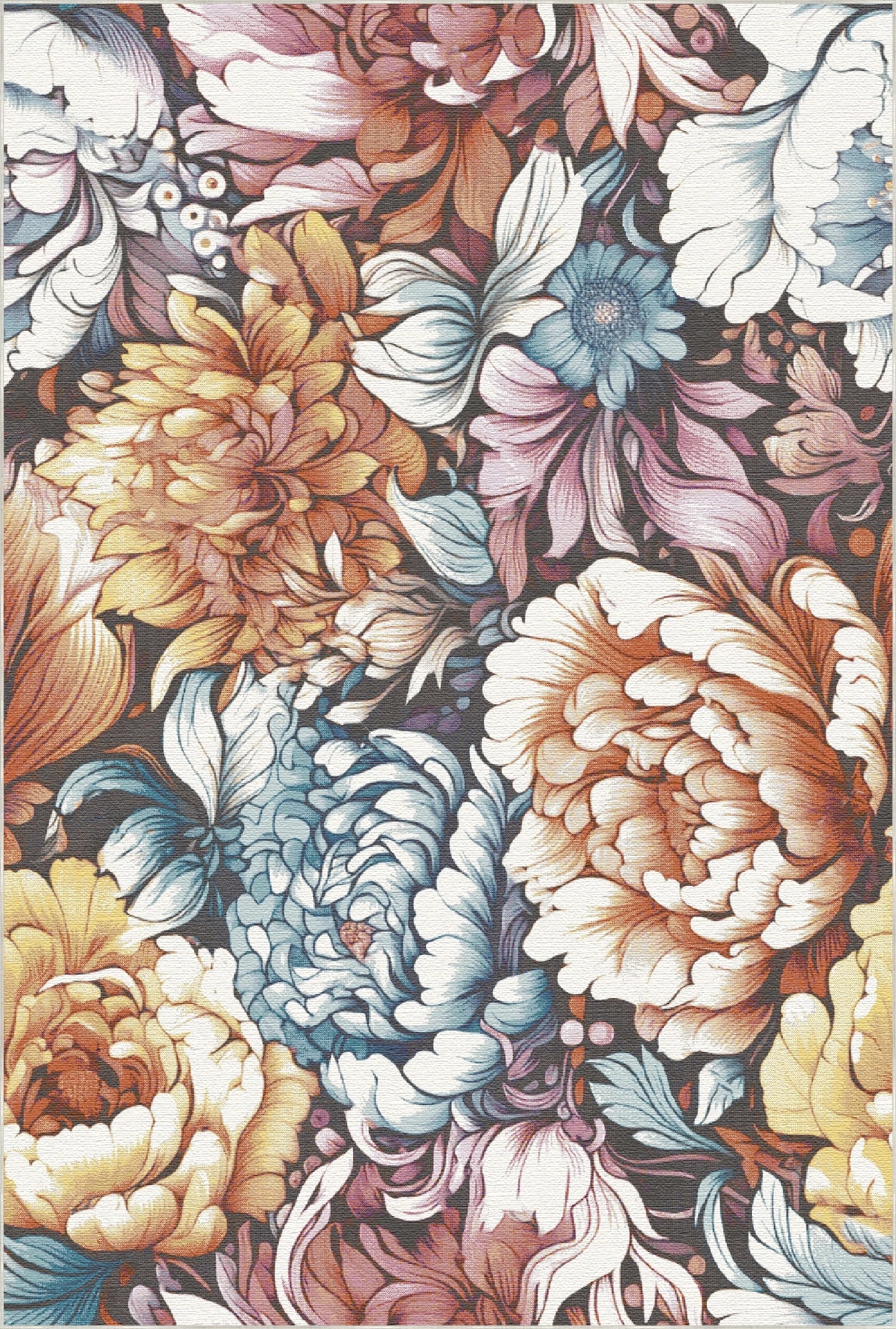 Colorful floral pattern with various flowers in a decorative style