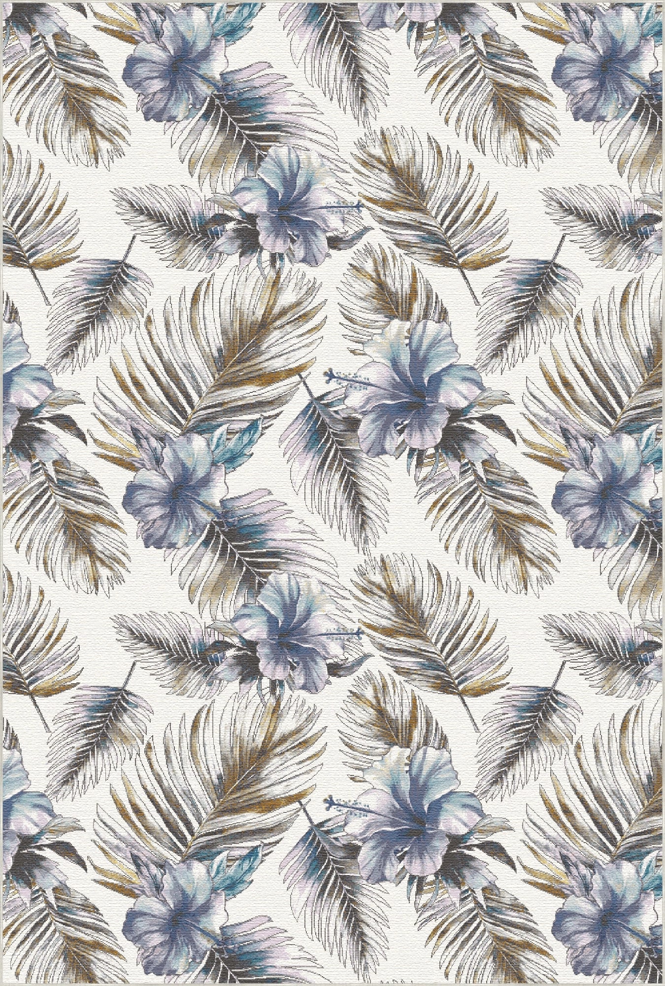 Blauer Tropischer Hibiskus und Goldene Palmen Teppich