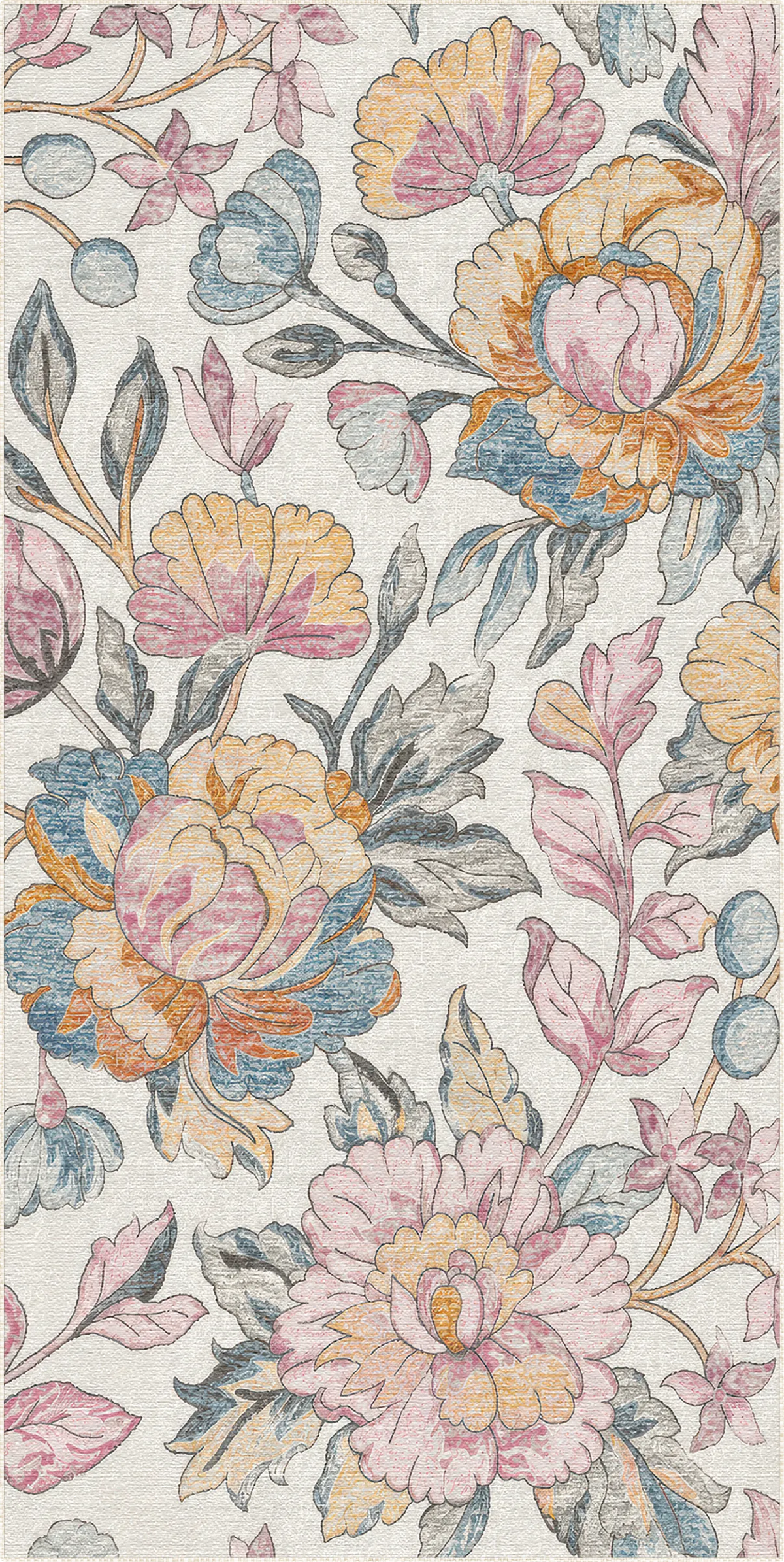 A close-up of a floral patterned rug featuring large peony-like flowers in soft pink, peach, and muted blue-gray tones on a light cream background.