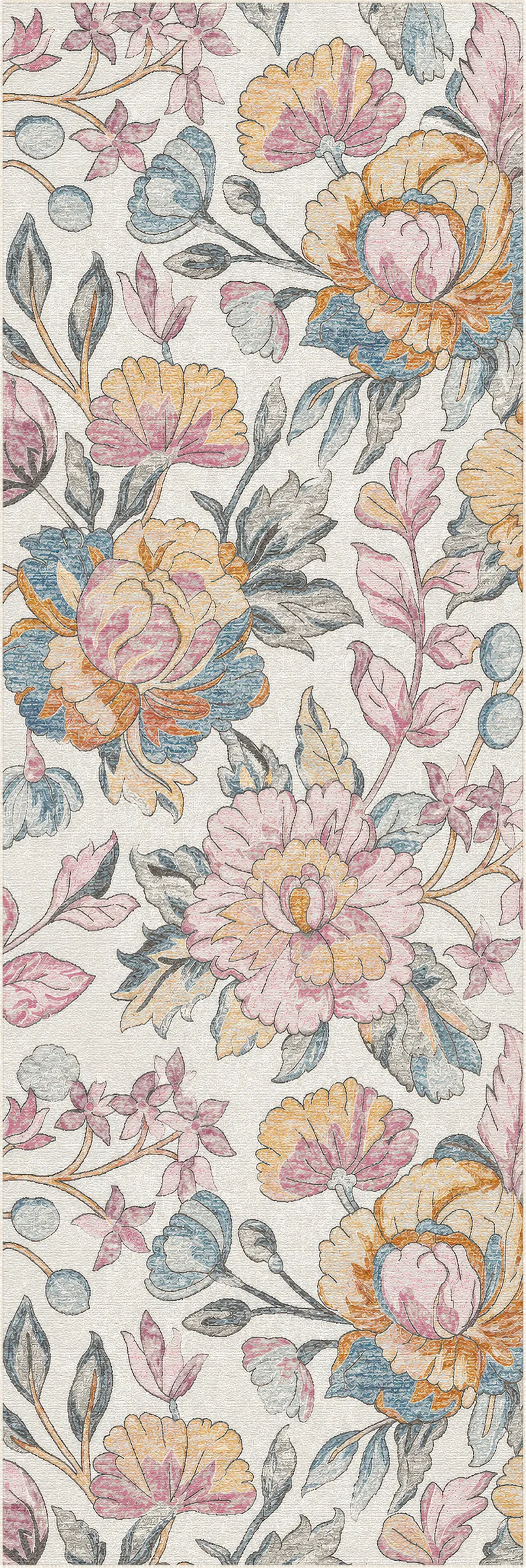 A close-up of a floral patterned rug featuring large pink, peach, and yellow flowers with blue-gray and green leaves on a light cream background.