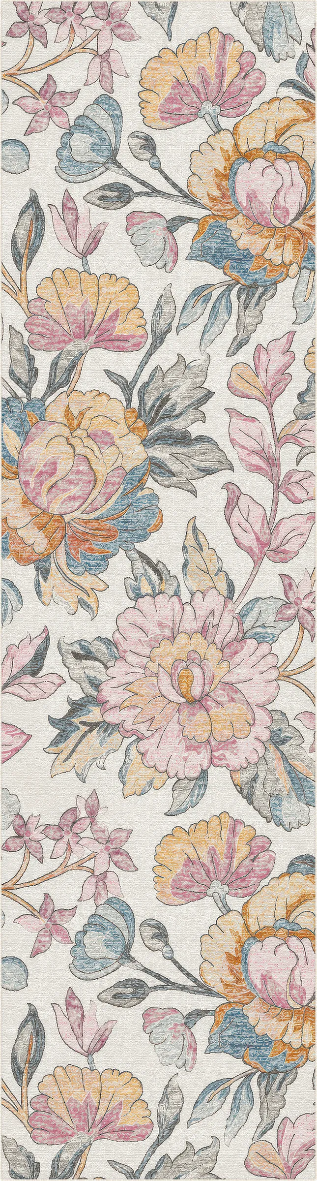 A close-up of a floral patterned rug featuring large pink, peach, and yellow flowers with muted blue-gray leaves on a light cream background.
