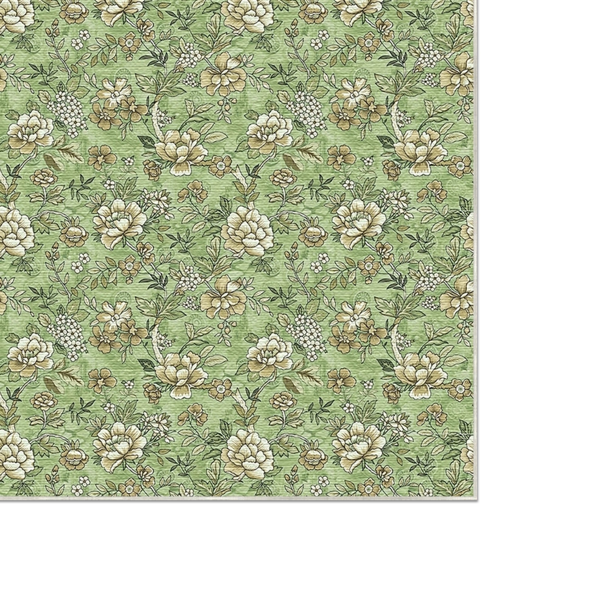 Grüner Vintage Teppich mit Kleinem Blumenmuster