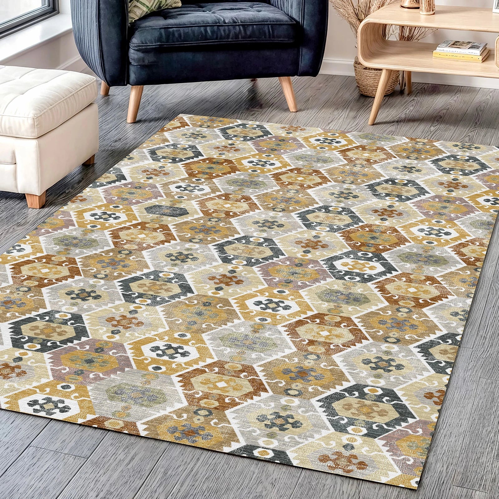 Hexagon Boho Washable Rug
