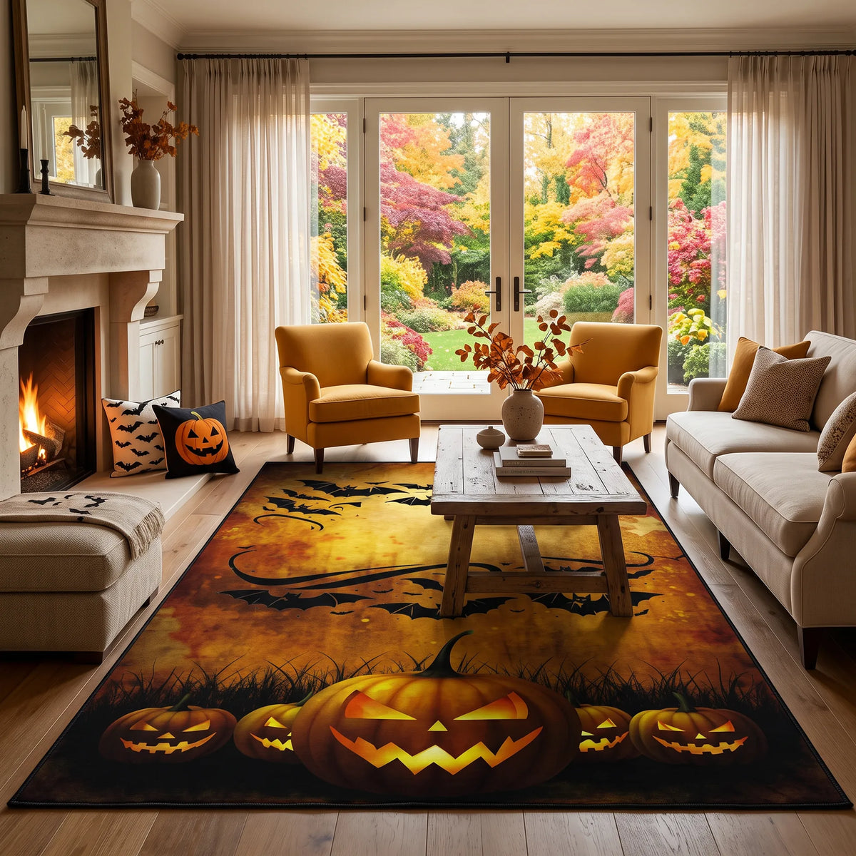 Halloween-Teppich in einem stilvollen Wohnzimmer.