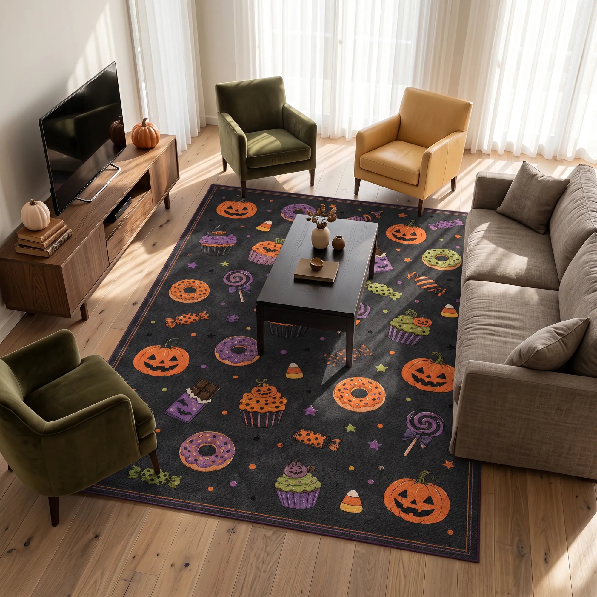 A halloween themed rug in a living room with TV unit, coffee table, armchairs and couch. 