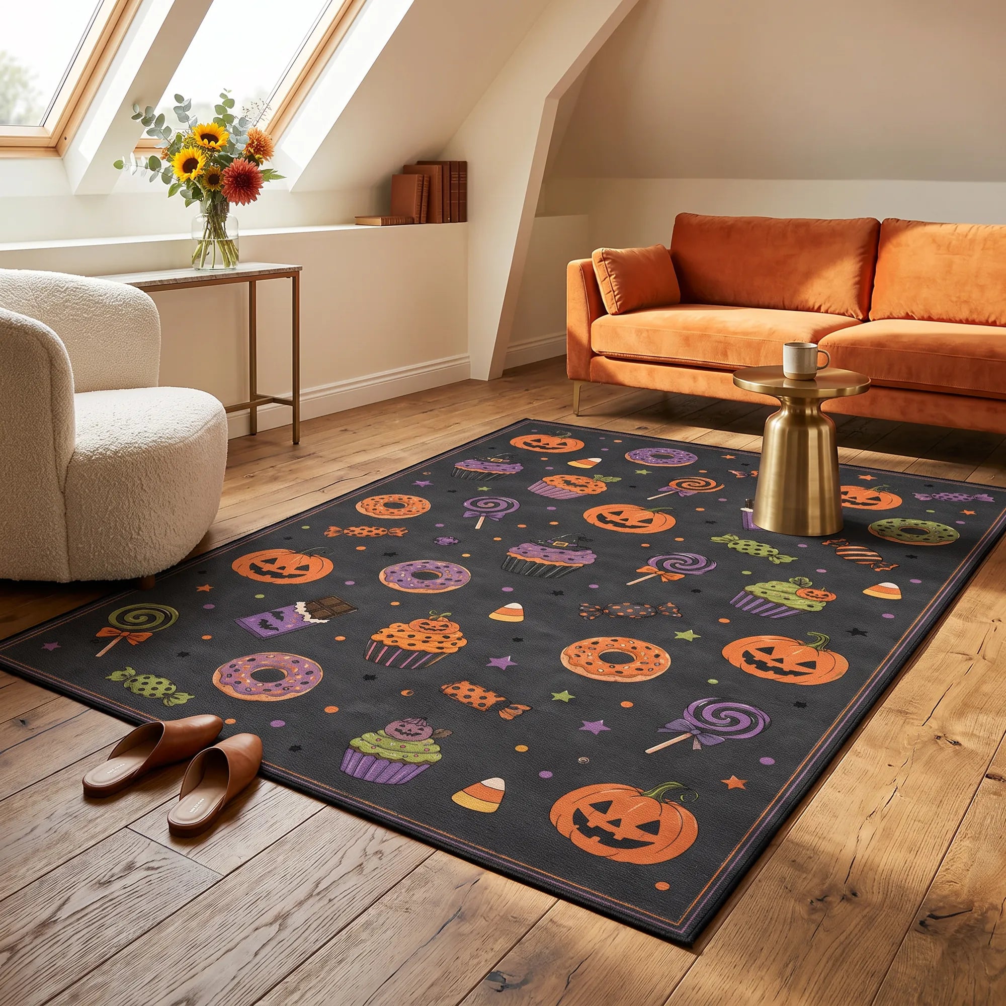 A rectangular black area rug with a colorful Halloween pattern of jack-o'-lanterns, cupcakes, candy corn, lollipops, and donuts, styled in a cozy modern living room with wooden floors, an orange sofa, and a cream armchair.