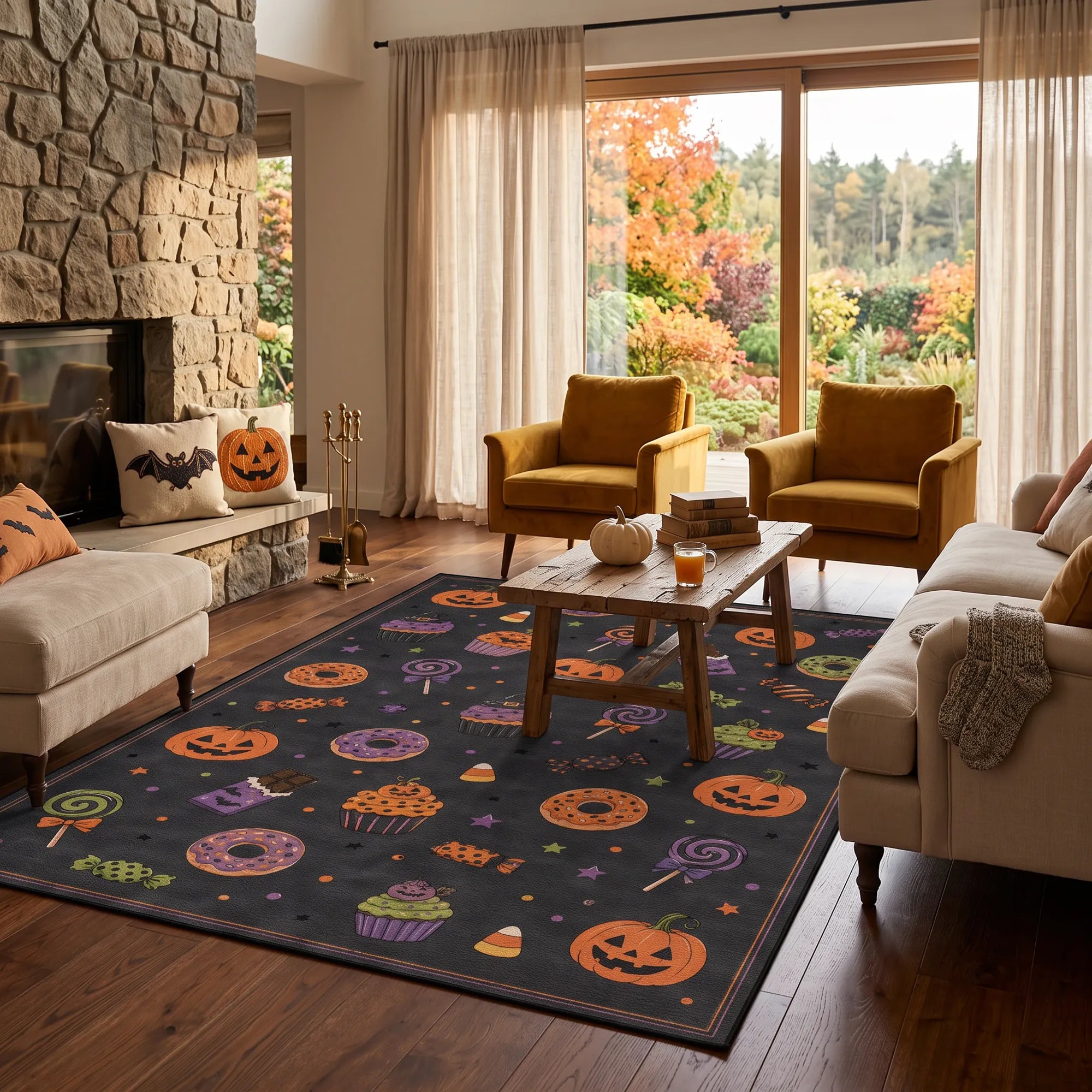 A Halloween-themed area rug with a dark background and colorful candy, pumpkin, cupcake, and lollipop motifs, styled in a cozy living room with a stone fireplace, two mustard armchairs, and a wooden coffee table.