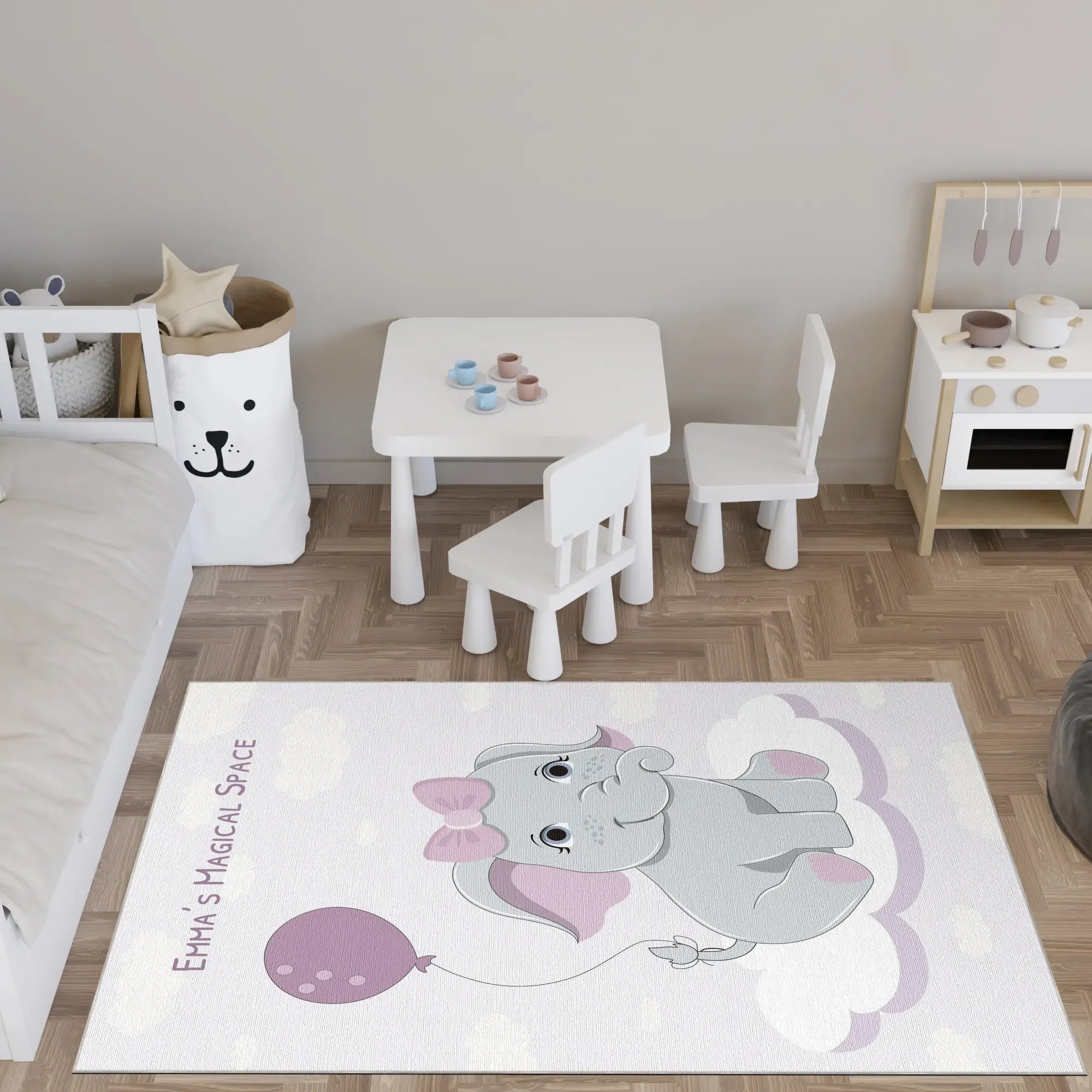 Magischer Elefant mit Ballon | Personalisierbarer Teppich
