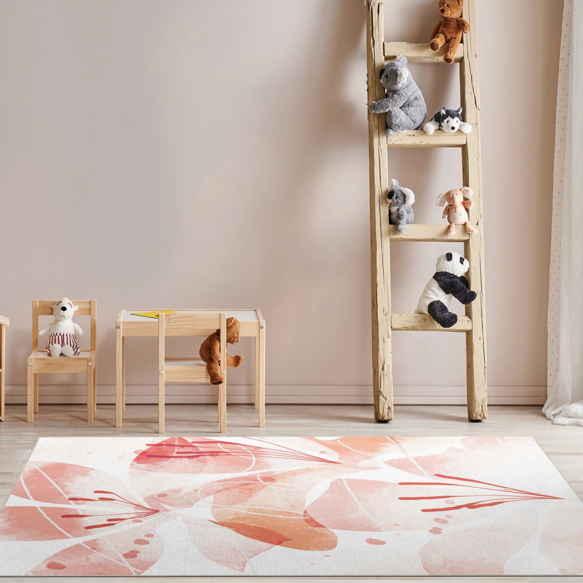 Children's room with wooden furniture, plush toys on a ladder, and a colorful rug.