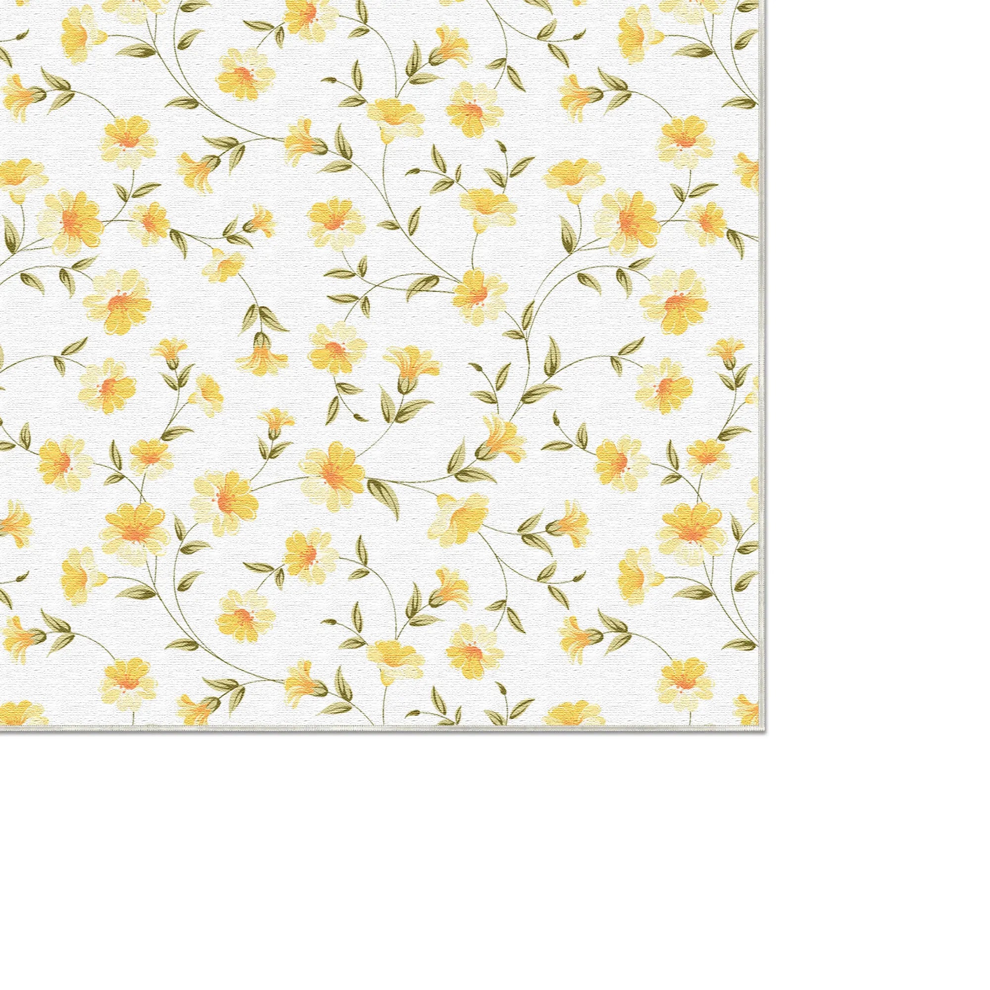 Floral rug with yellow flowers and green leaves on a white background