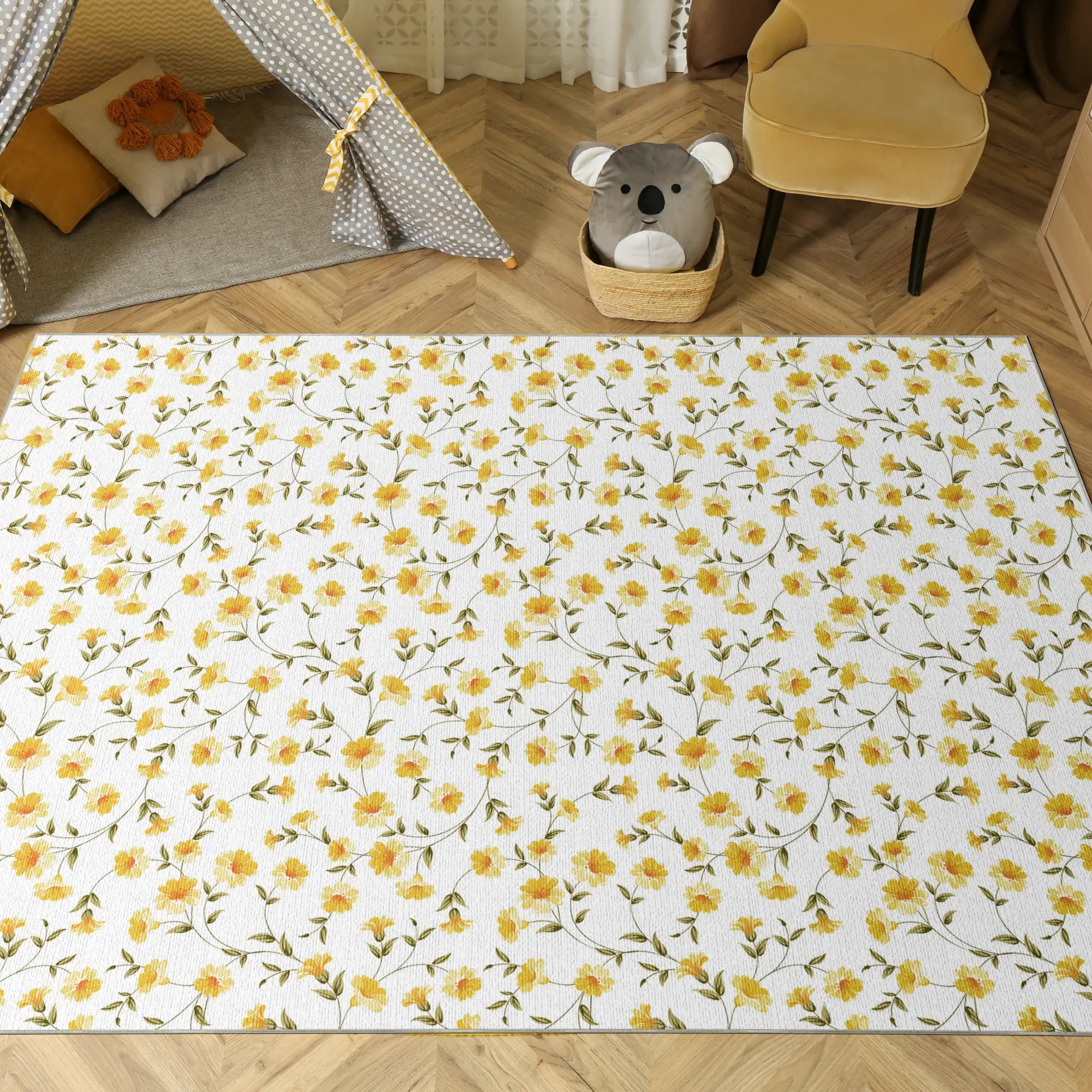 Floral-patterned rug on a wooden floor with a child's play area in the background.