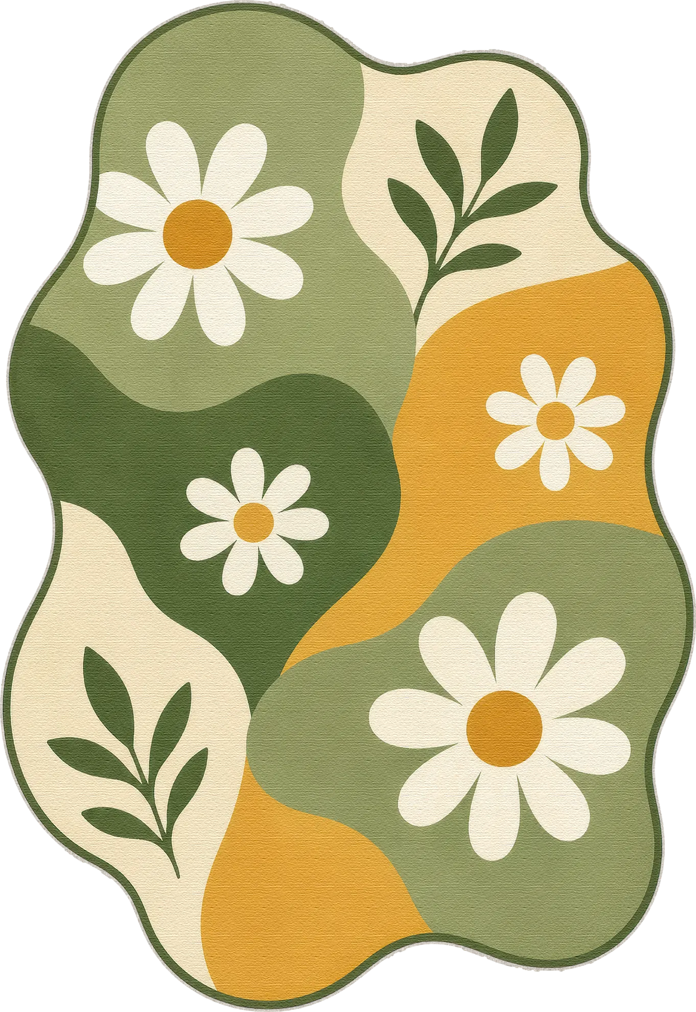 An irregularly shaped area rug with a retro wavy pattern, featuring large white daisy flowers with yellow centers and green leaves over abstract wavy blocks of sage green, olive green, mustard yellow, and cream.