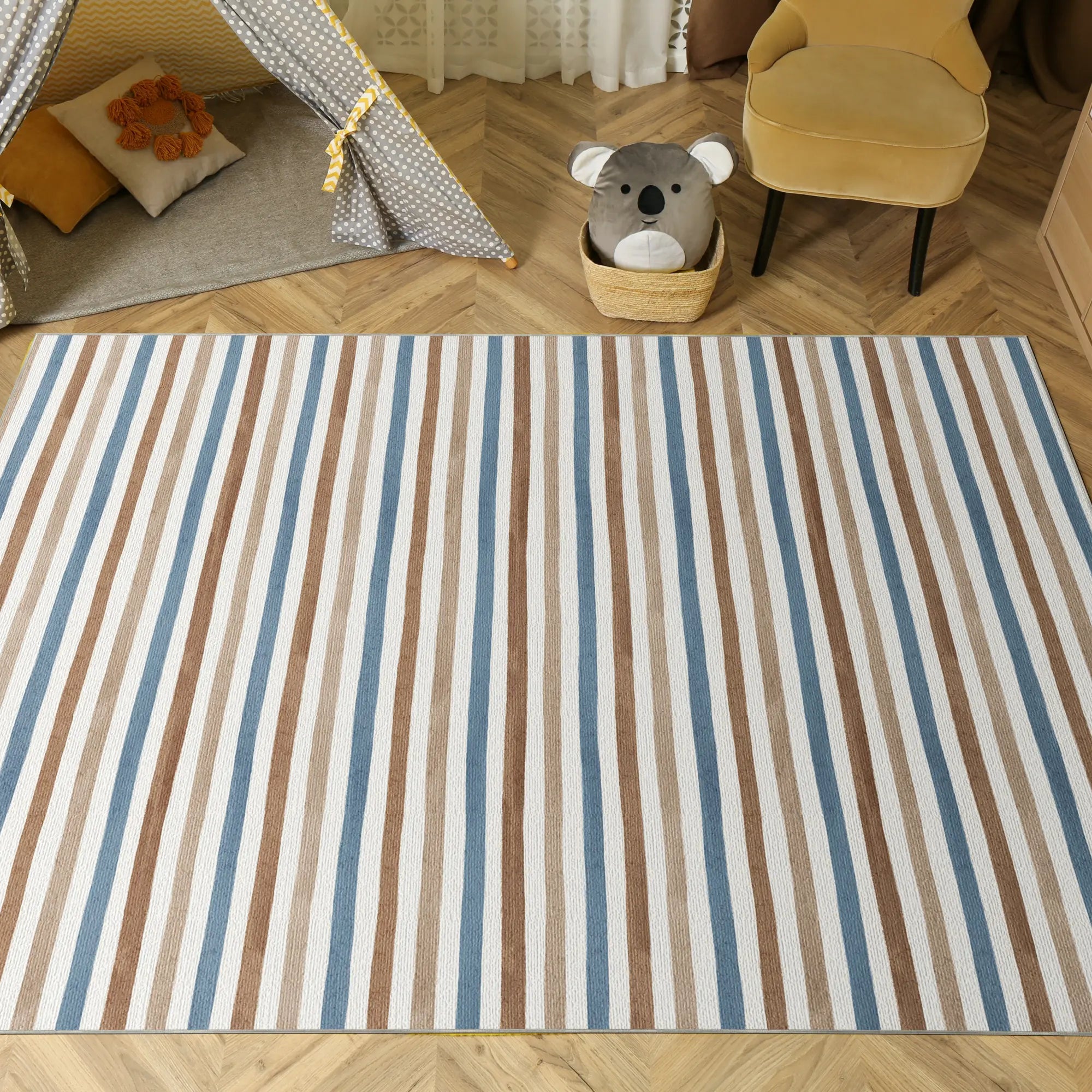 Waschbarer Blau Gestreifter Küsten Teppich
