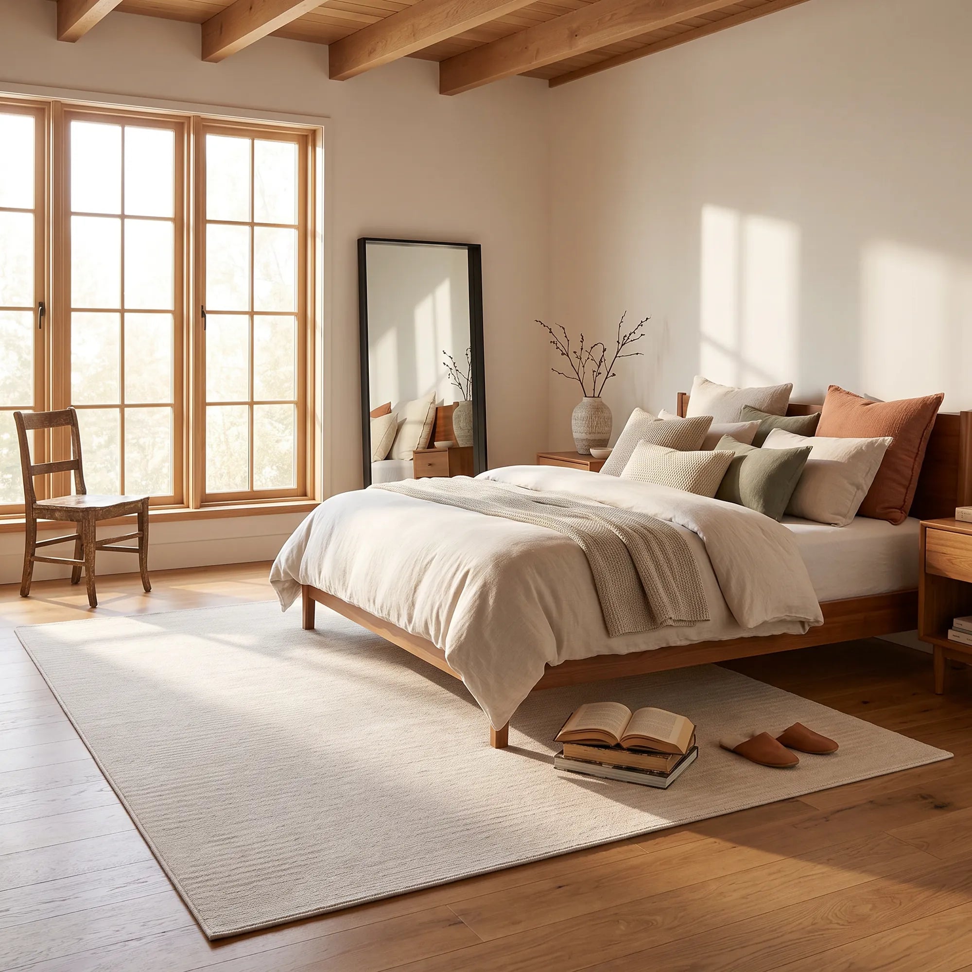 Ein stilvoll eingerichtetes Schlafzimmer mit einem Holzbettrahmen, cremefarbener Bettwäsche, mehreren Kissen, einem großen hellen Teppich, Holzboden, Fenster, Stuhl, Spiegel und sichtbaren Deckenbalken.