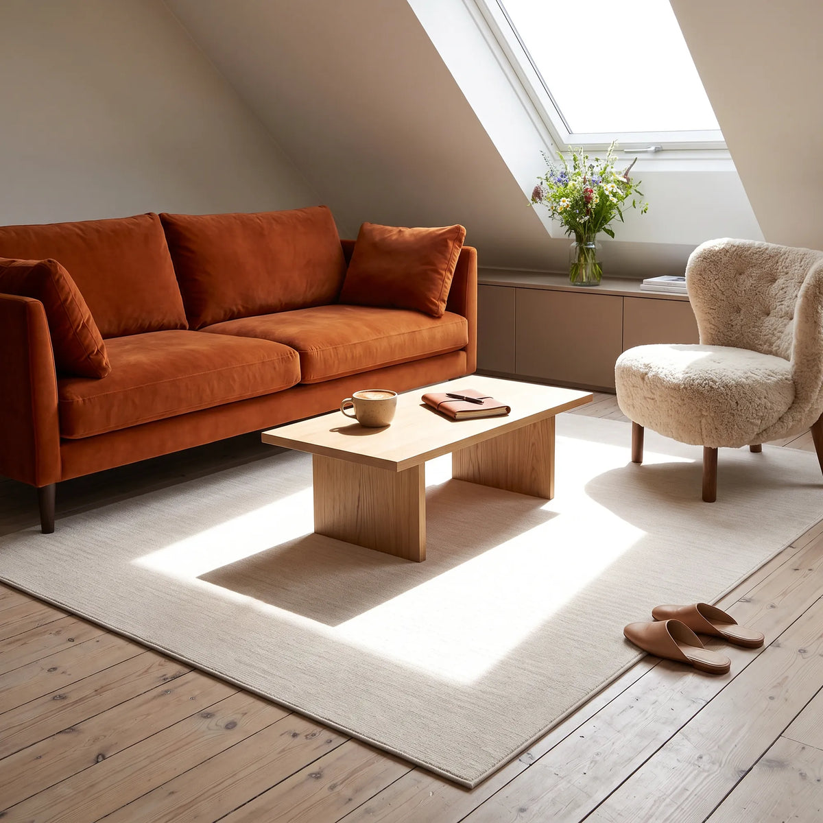 Eine stilvoll eingerichtete Wohnzimmer-Szene mit einem orangebraunen Samtsofa, einem Couchtisch aus hellem Holz, einem cremefarbenen Bouclé-Sessel, einem beigen Teppich und einem schmalen Ausschnitt eines Dachfensters mit Tageslicht.