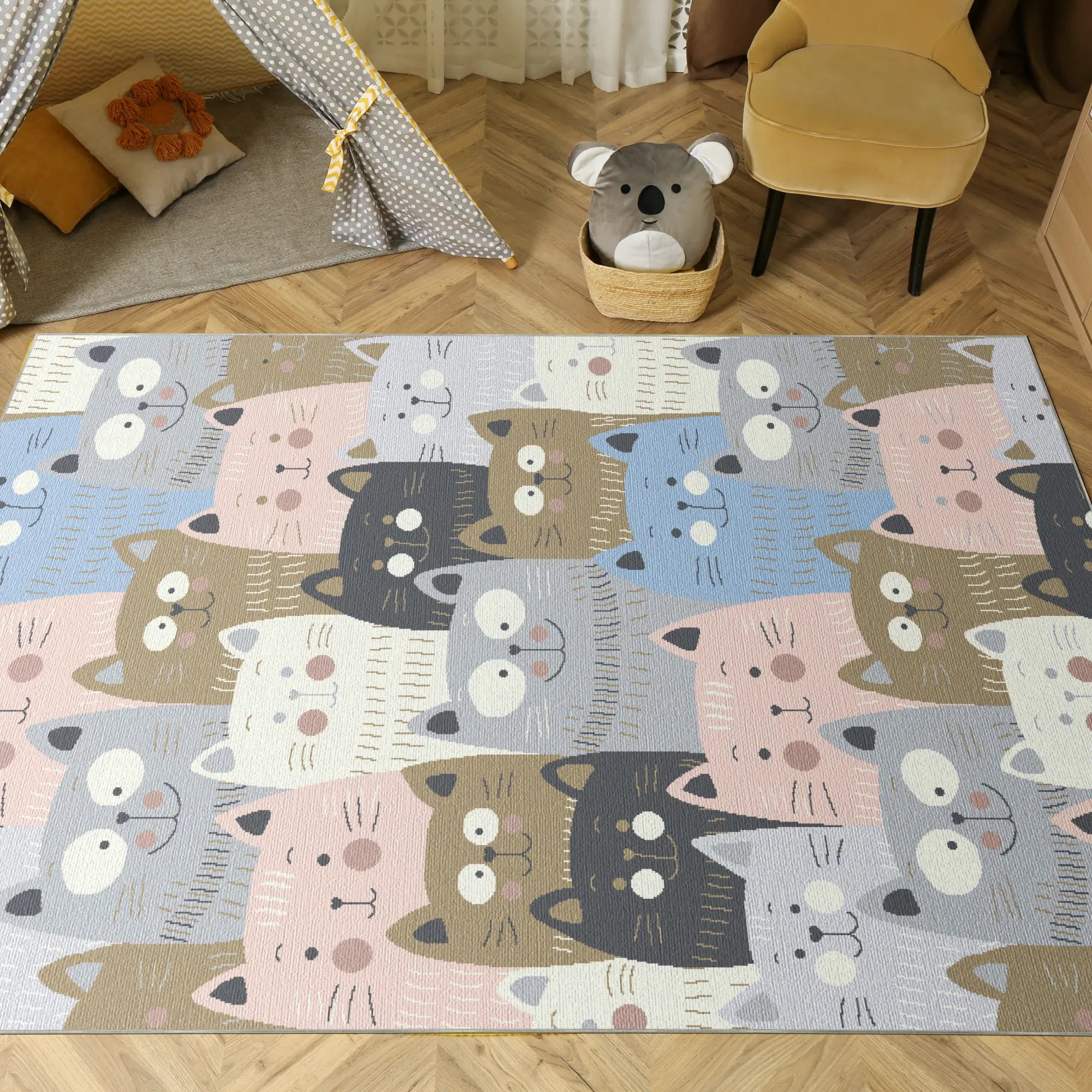 Waschbarer Pastell-Katzen-Kinderteppich