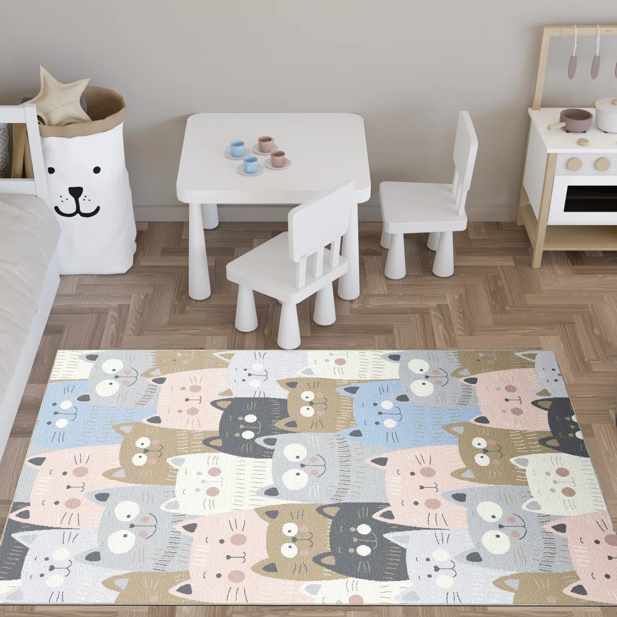 Waschbarer Pastell-Katzen-Kinderteppich