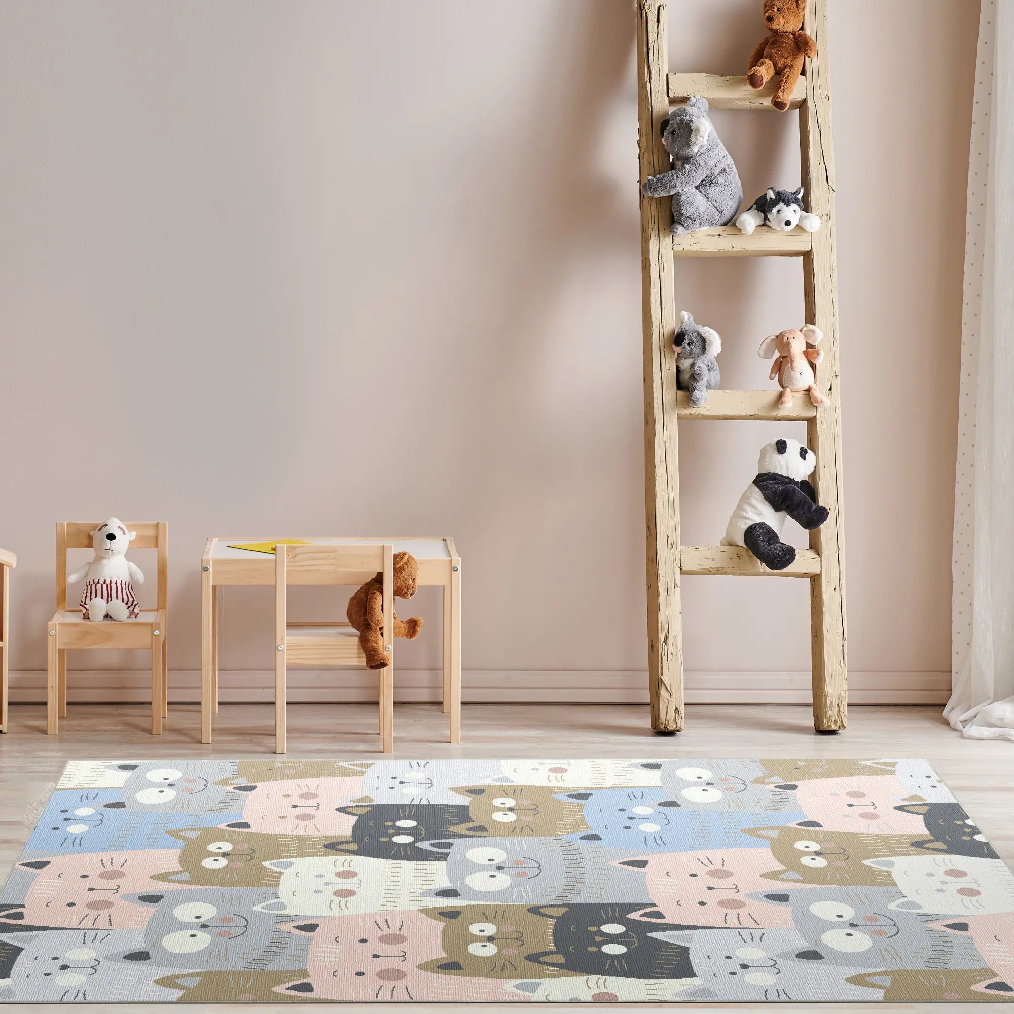 Waschbarer Pastell-Katzen-Kinderteppich