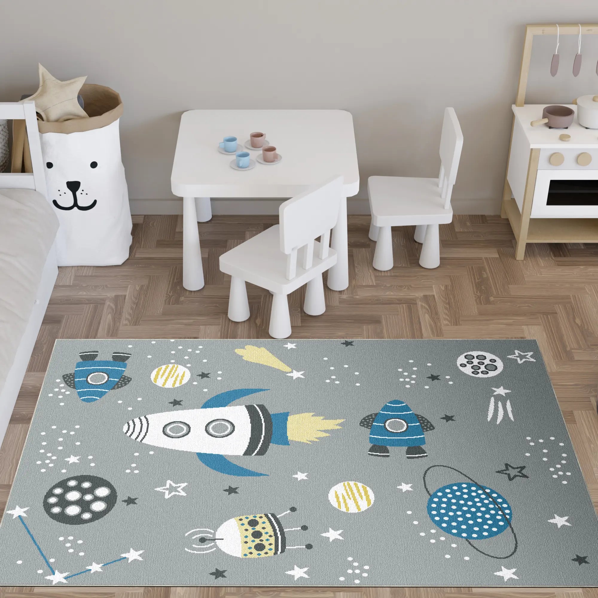 Waschbarer Grauer Weltraum-Kinderteppich