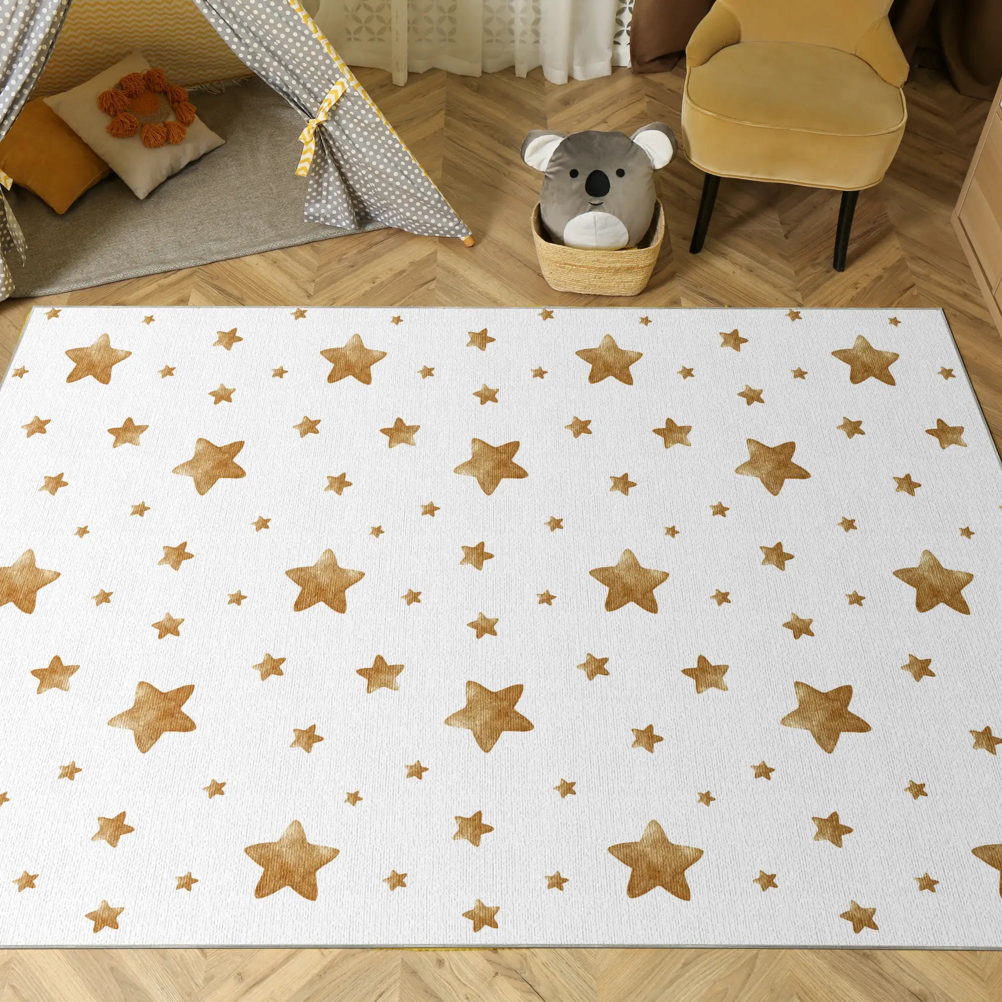 Goldene Aquarell-Sterne Kinderteppich