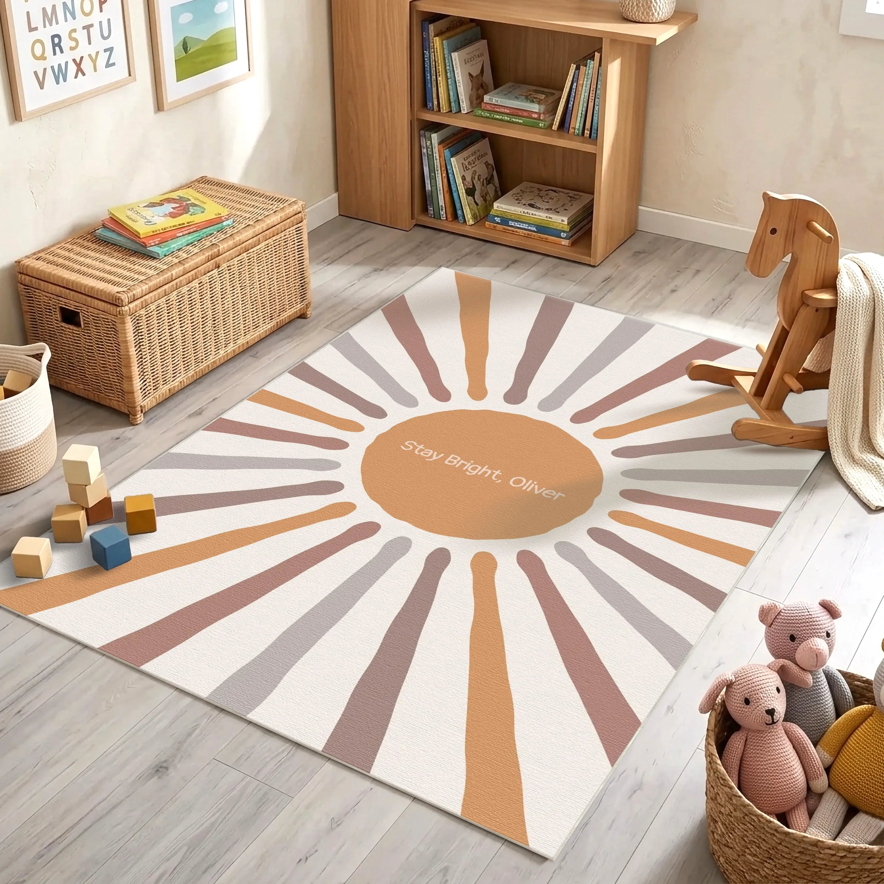 Customizable sun designed rug in a nursery rug