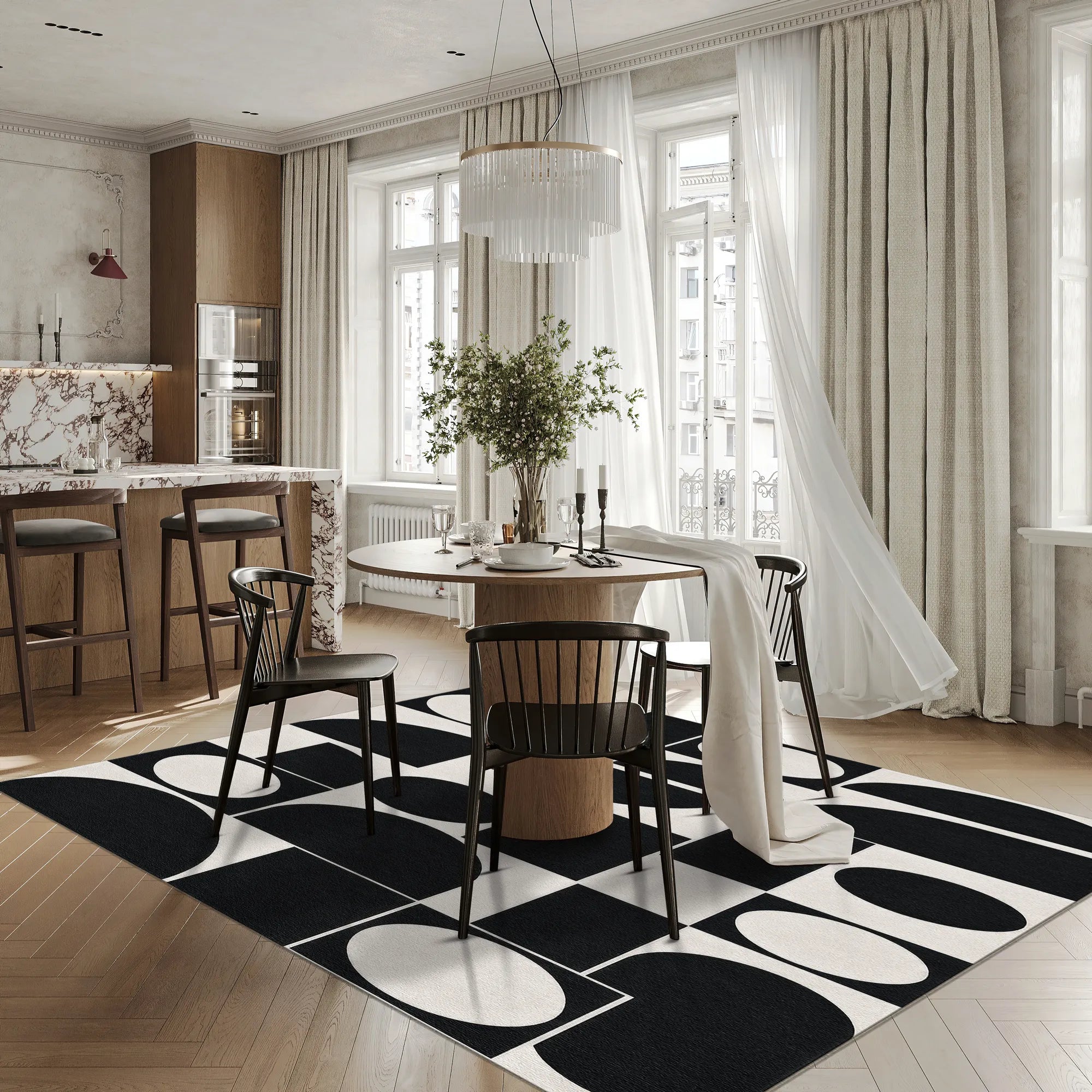 Geometrischer abstrakter schwarz-weißer Teppich