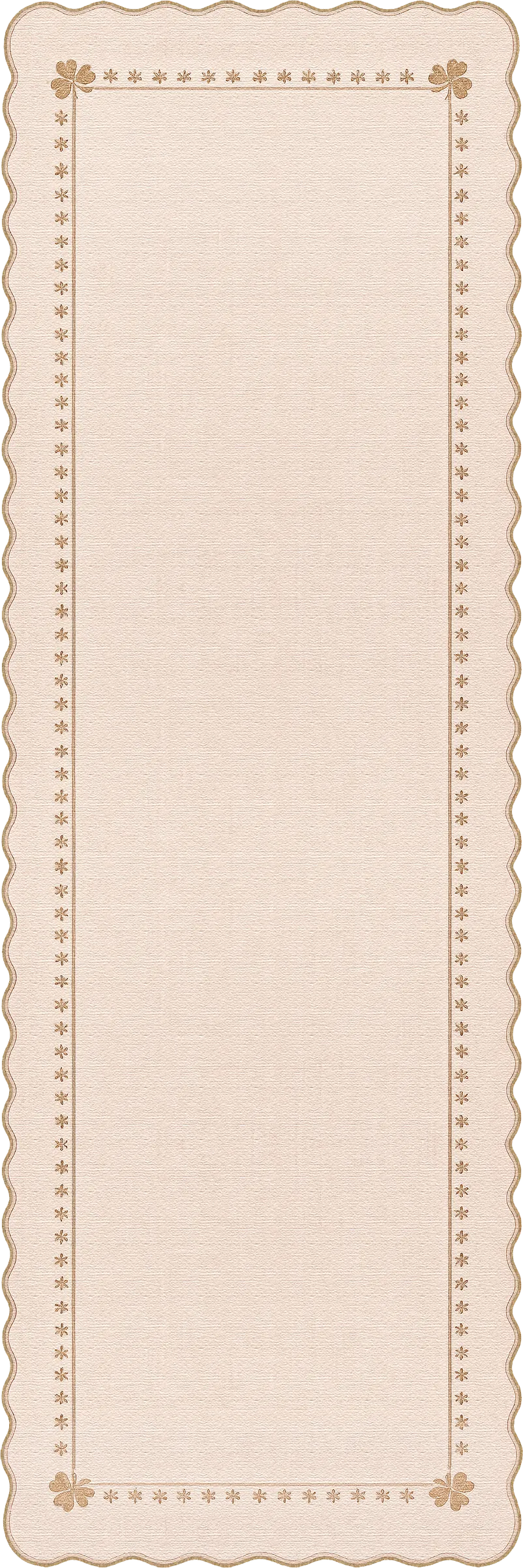 A rectangular cream-colored runner rug with a scalloped border and a subtle stitched-looking decorative pattern along the edges.