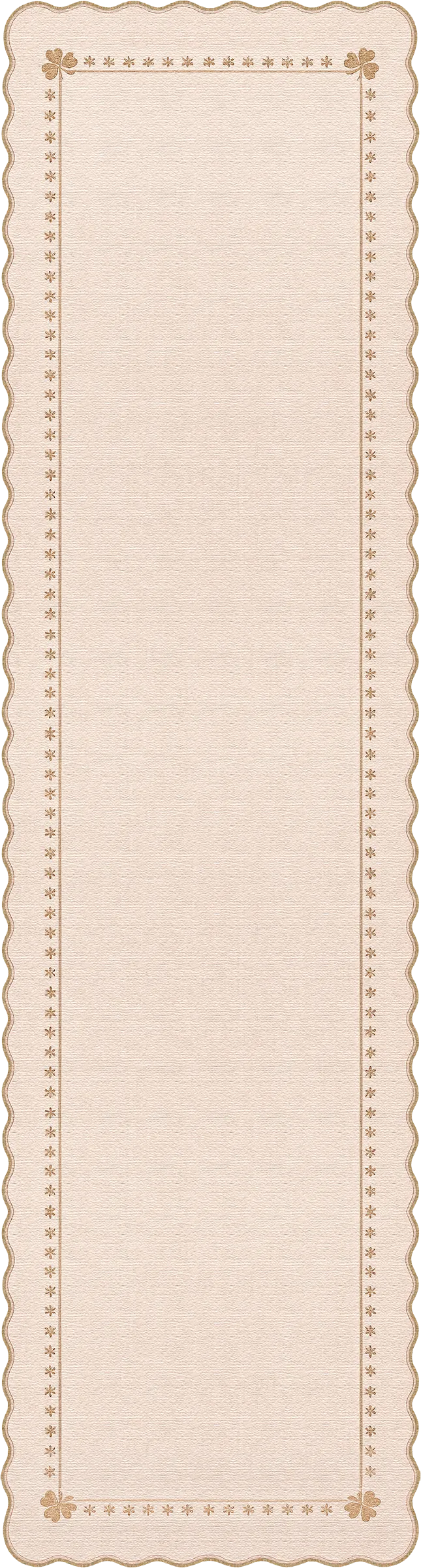 A rectangular cream-colored runner rug with a scalloped border and a subtle woven texture.