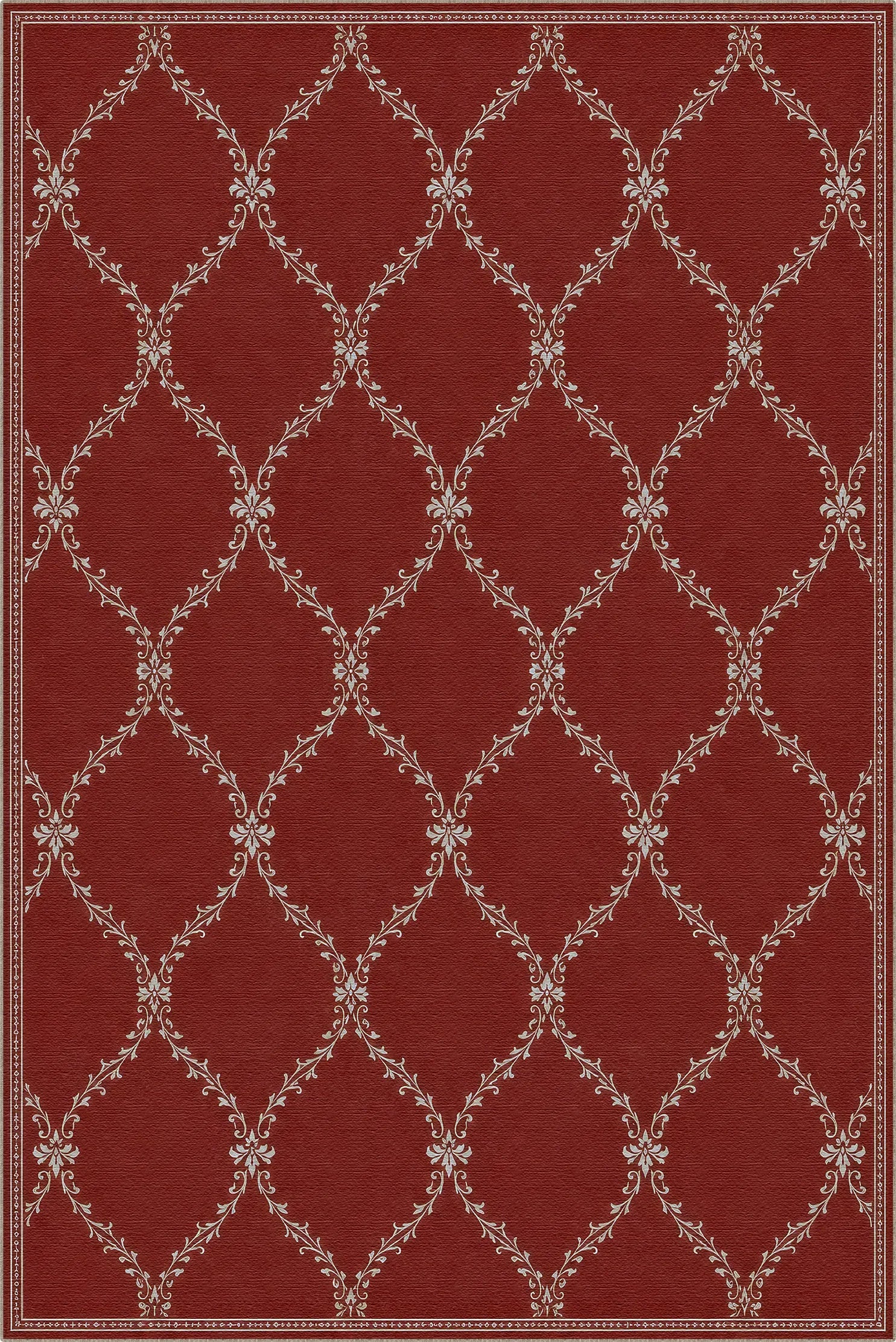 A lattice area rug with a deep red background and a repeating cream-colored trellis pattern, framed by a thin cream border.
