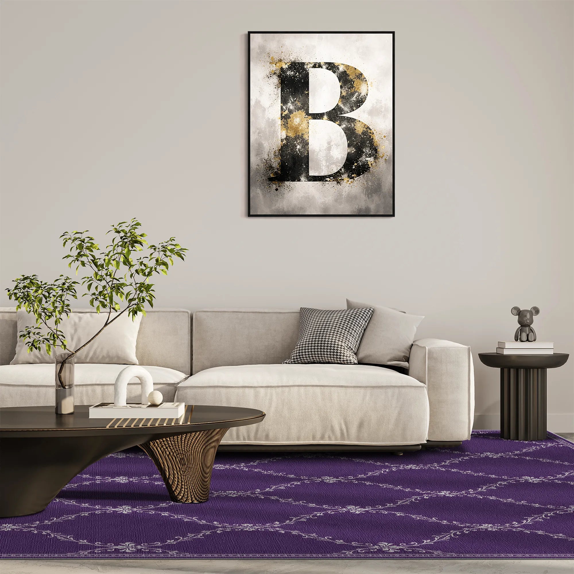 A purple lattice area rug with a framed abstract wall art print featuring a large textured letter B in black, white, and gold tones, displayed above a modern light beige sofa in a styled living room with a purple patterned rug.