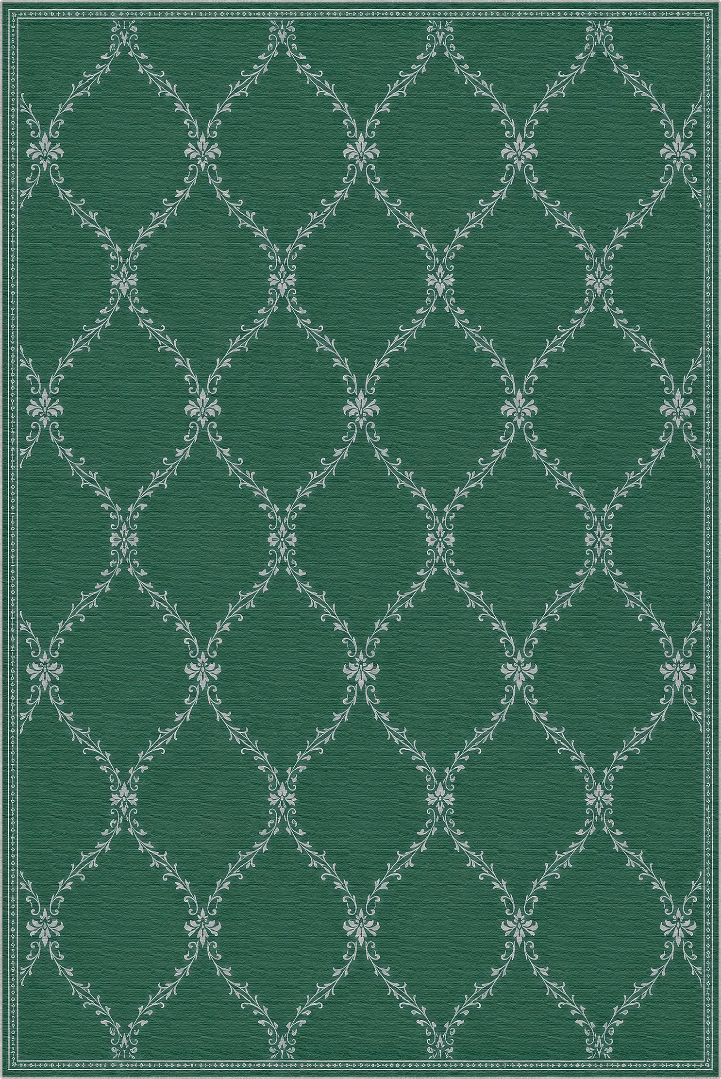 A lattice green rug with a repeating white trellis and floral pattern, framed by a thin white border.